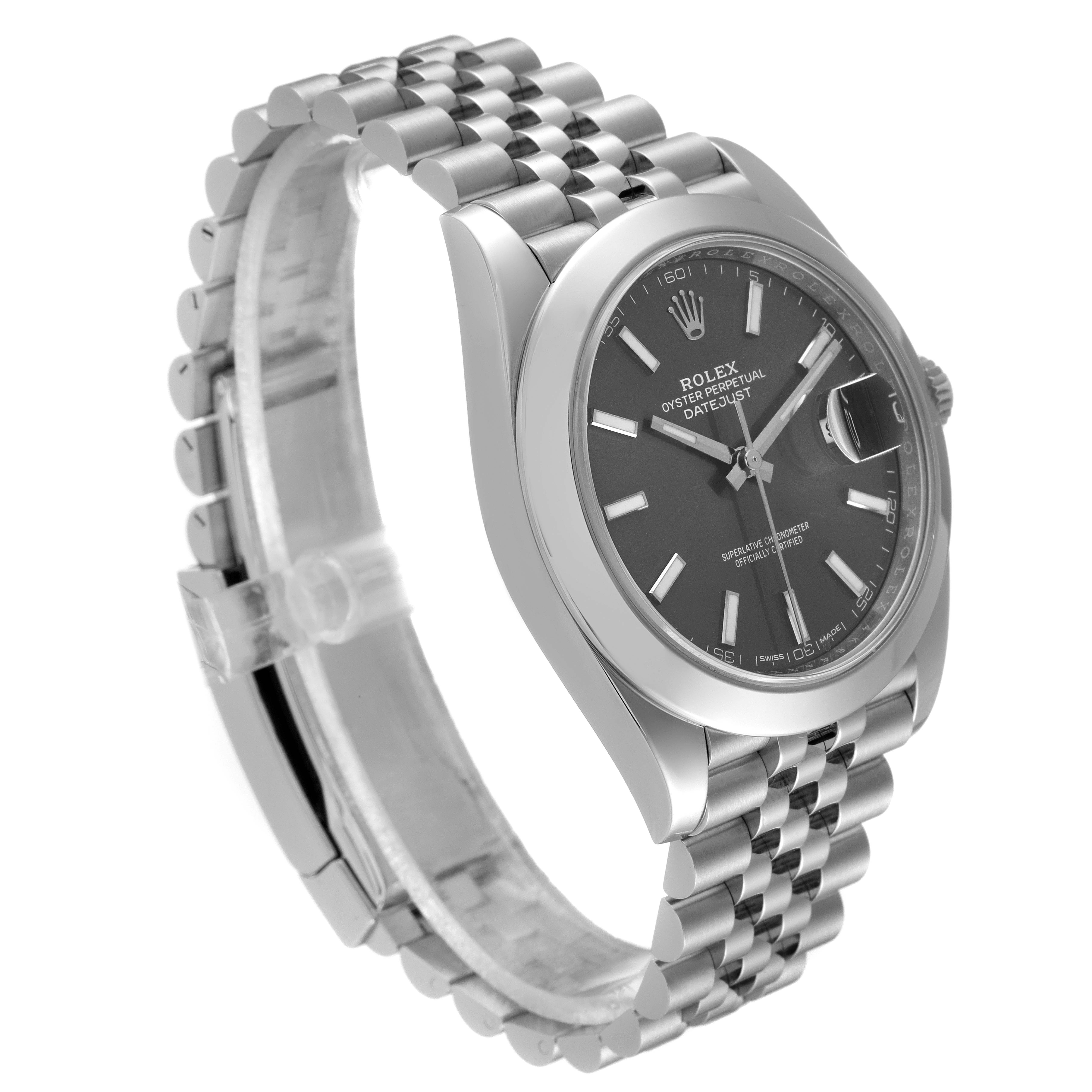 The image shows a Rolex Datejust 41 126300 Men's Stainless Steel Grey Dial 126300 Men's Stainless Steel Grey Dial watch from an angled side view, highlighting the dial, bracelet, and clasp.