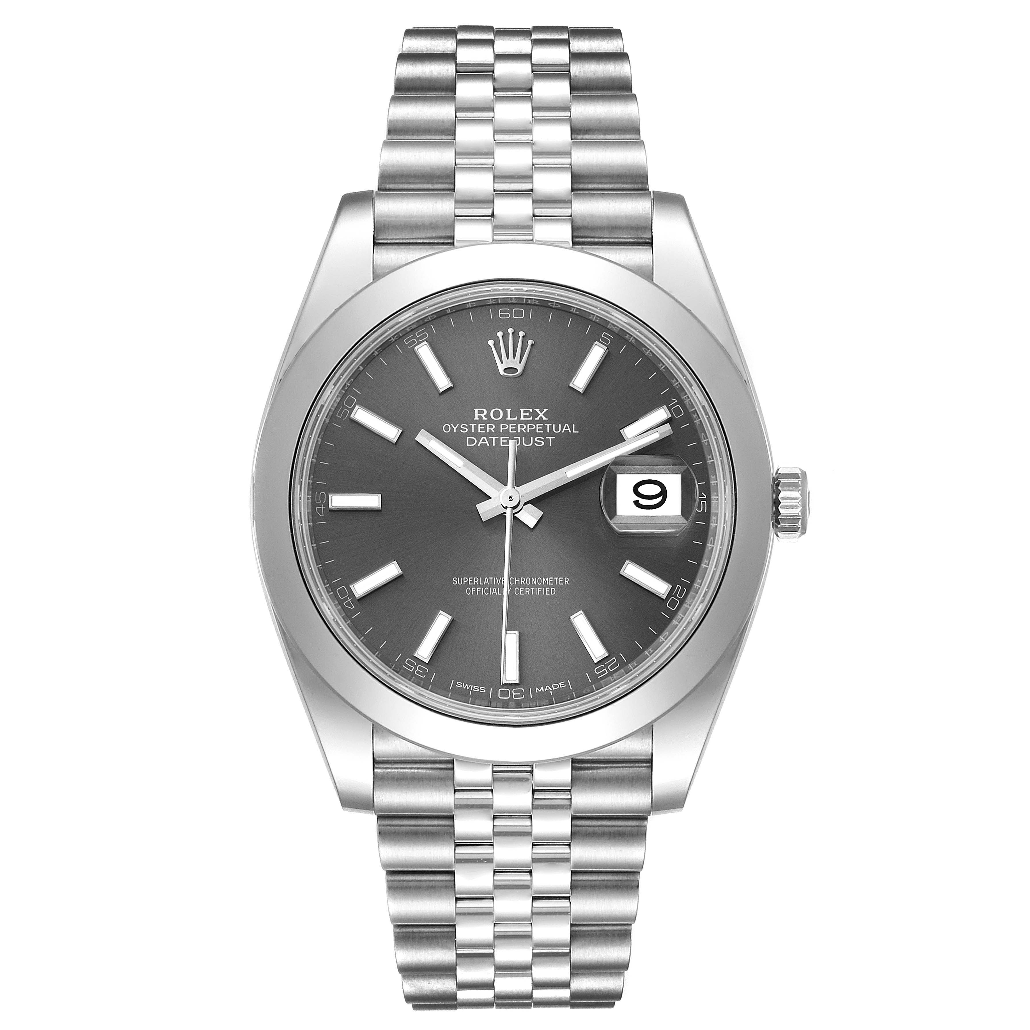 The image shows a front view of a Rolex Datejust 41 126300 Men's Stainless Steel Grey Dial 126300 Men's Stainless Steel Grey Dial watch, displaying its dial, case, bracelet, and date window.
