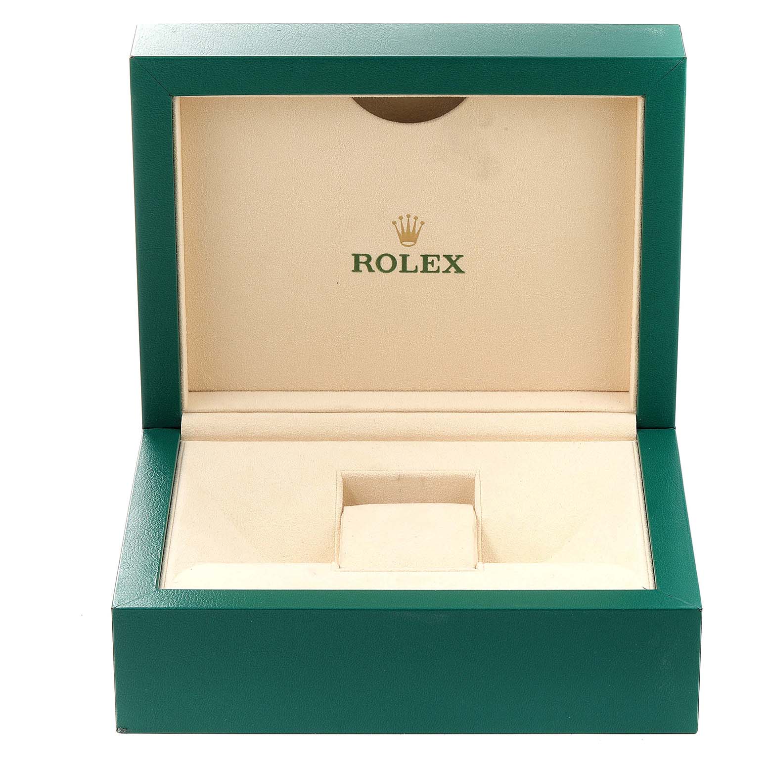 This image shows an open green and beige Rolex watch box for the Datejust 41 model, without the watch inside.