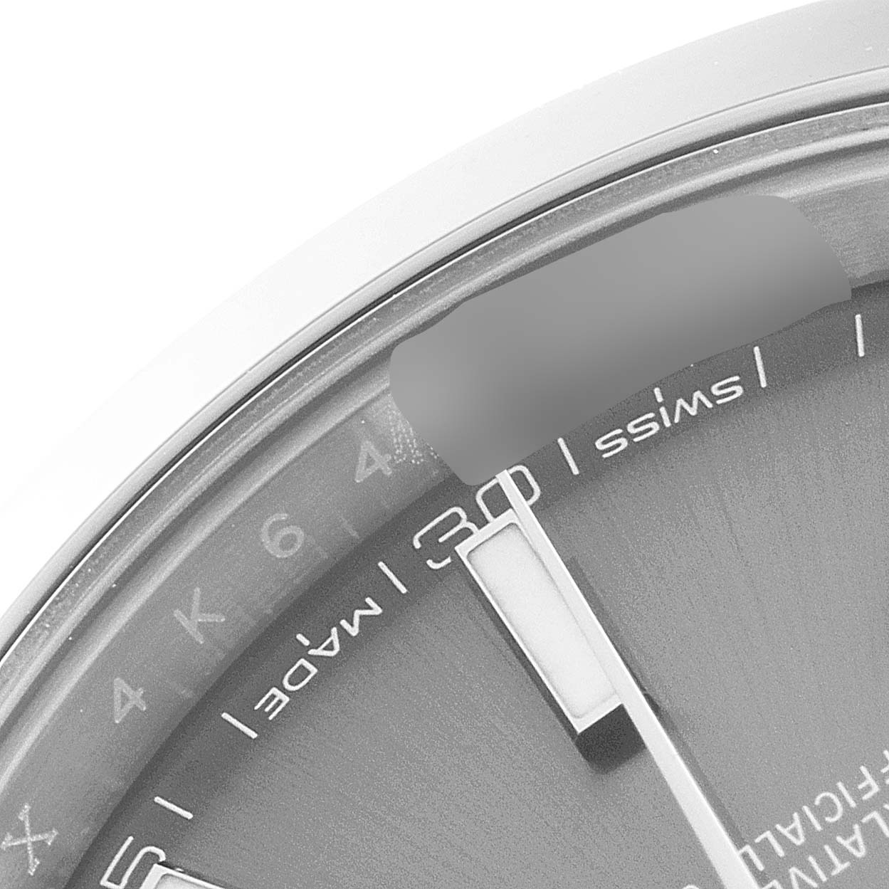 The image shows a close-up of the dial and part of the bezel of a Rolex Datejust 41 126300 Men's Stainless Steel Grey Dial 126300 Men's Stainless Steel Grey Dial watch, highlighting the hour markers and "Swiss Made" inscription.