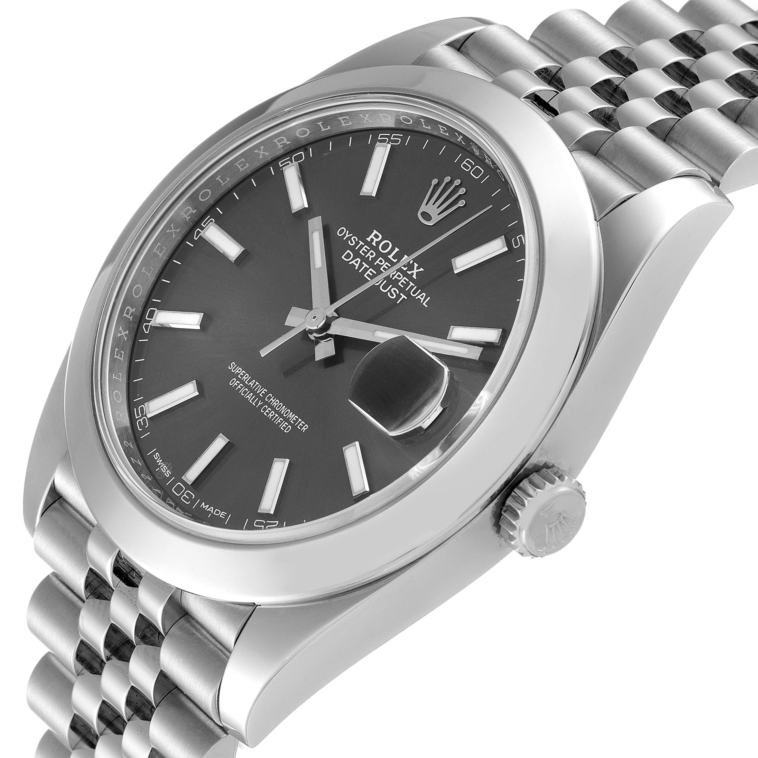 The image shows a close-up of the Rolex Datejust 41 126300 Men's Stainless Steel Grey Dial 126300 Men's Stainless Steel Grey Dial model watch, highlighting the dial, bezel, crown, and part of the bracelet.