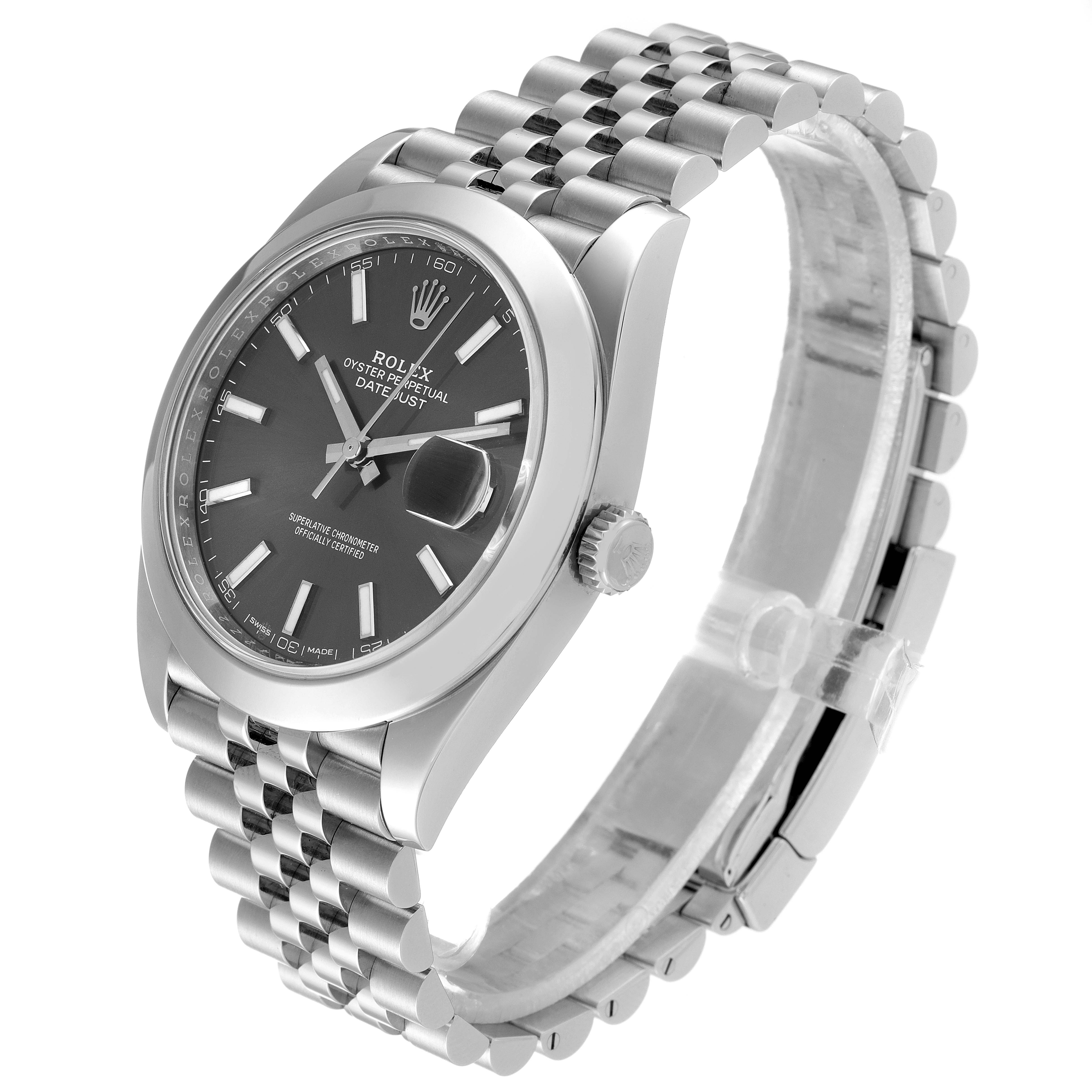 The image shows a Rolex Datejust 41 126300 Men's Stainless Steel Grey Dial 126300 Men's Stainless Steel Grey Dial model watch from an angled side view, highlighting the face, bezel, case, and Jubilee bracelet.