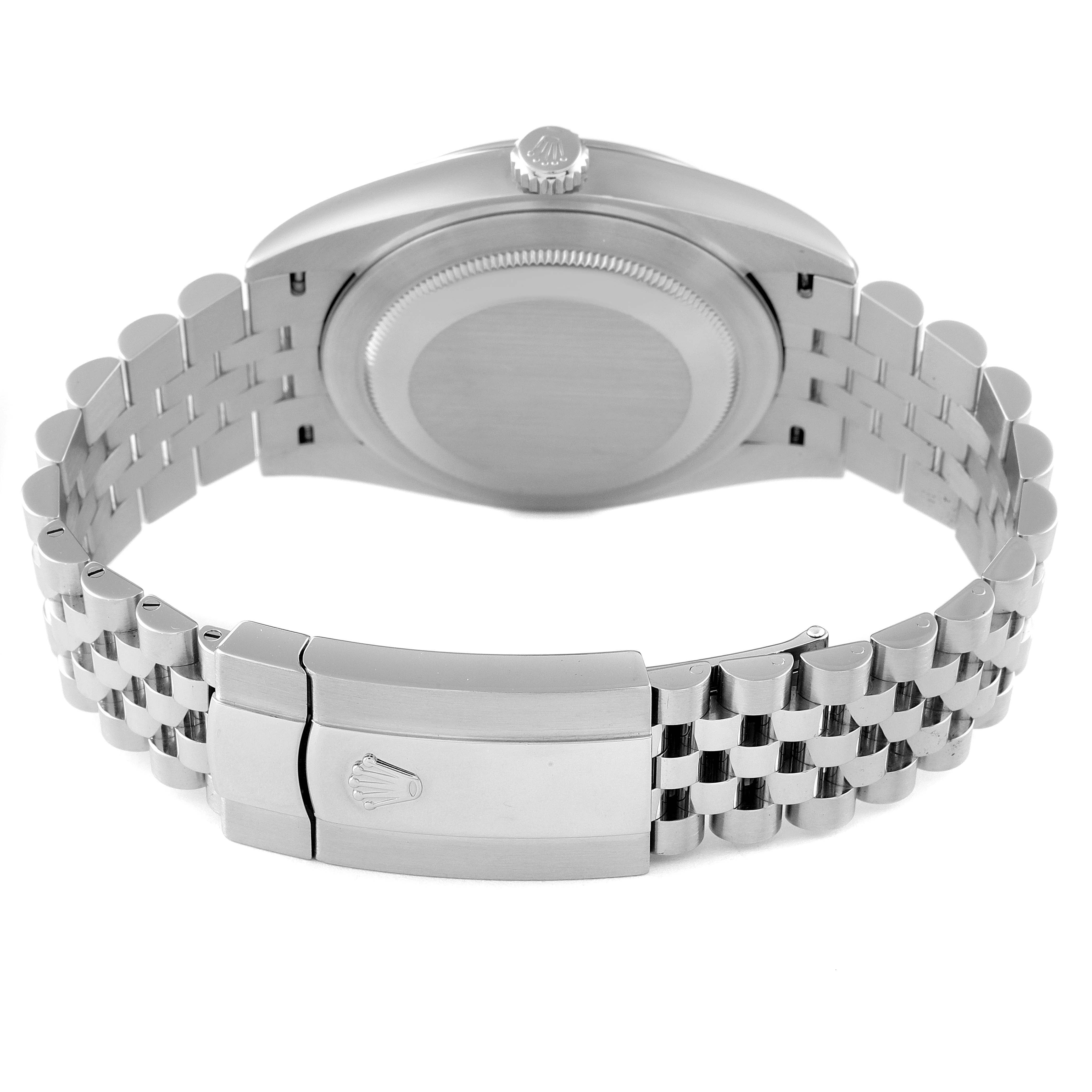 This image shows the back view of the Rolex Datejust 41 126300 Men's Stainless Steel Grey Dial 126300 Men's Stainless Steel Grey Dial, displaying the case back and the jubilee bracelet with clasp.