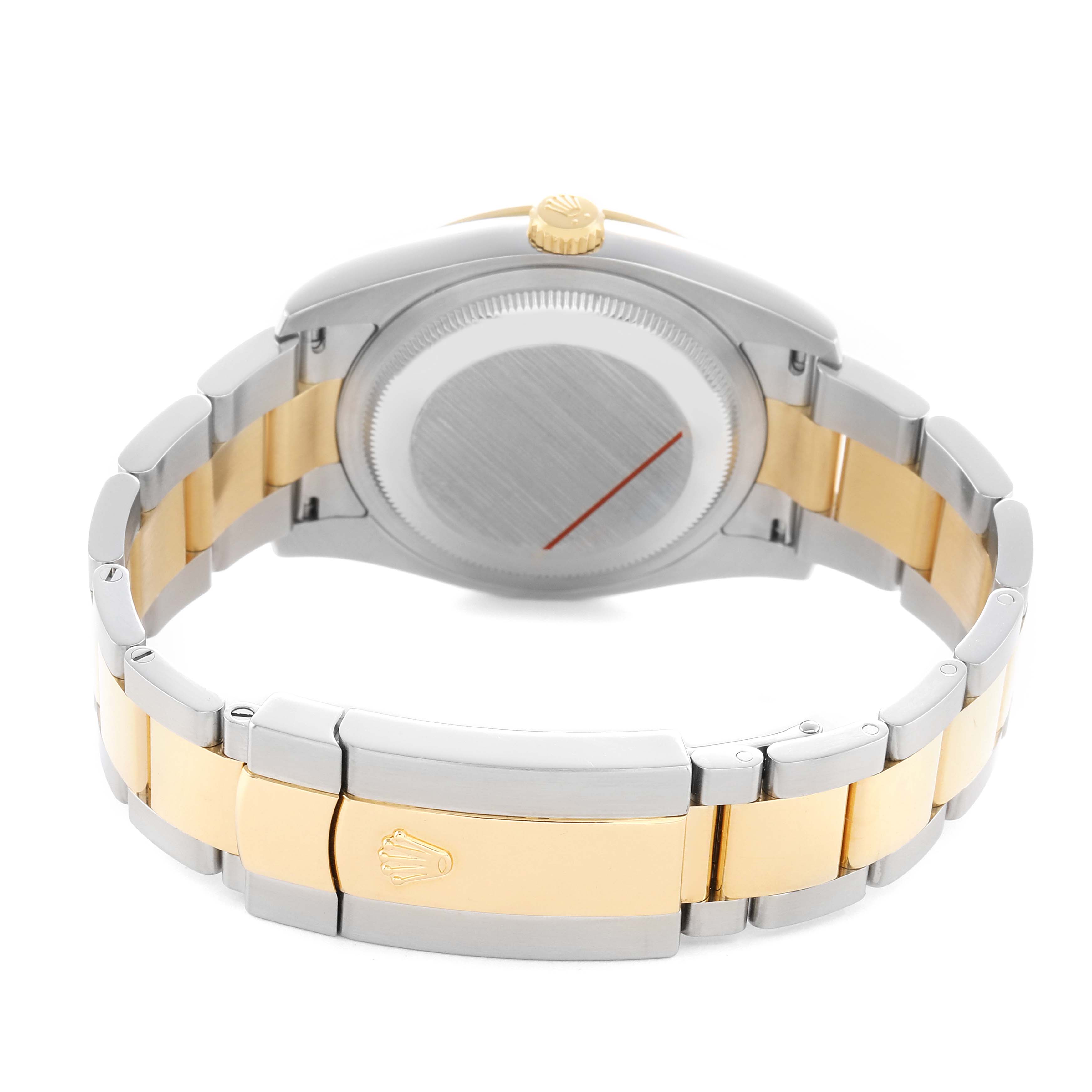 The Rolex Datejust 116243 Men's Steel and Gold (two tone) Brown Dial watch is shown from the back, highlighting the case back, crown, and two-tone bracelet.