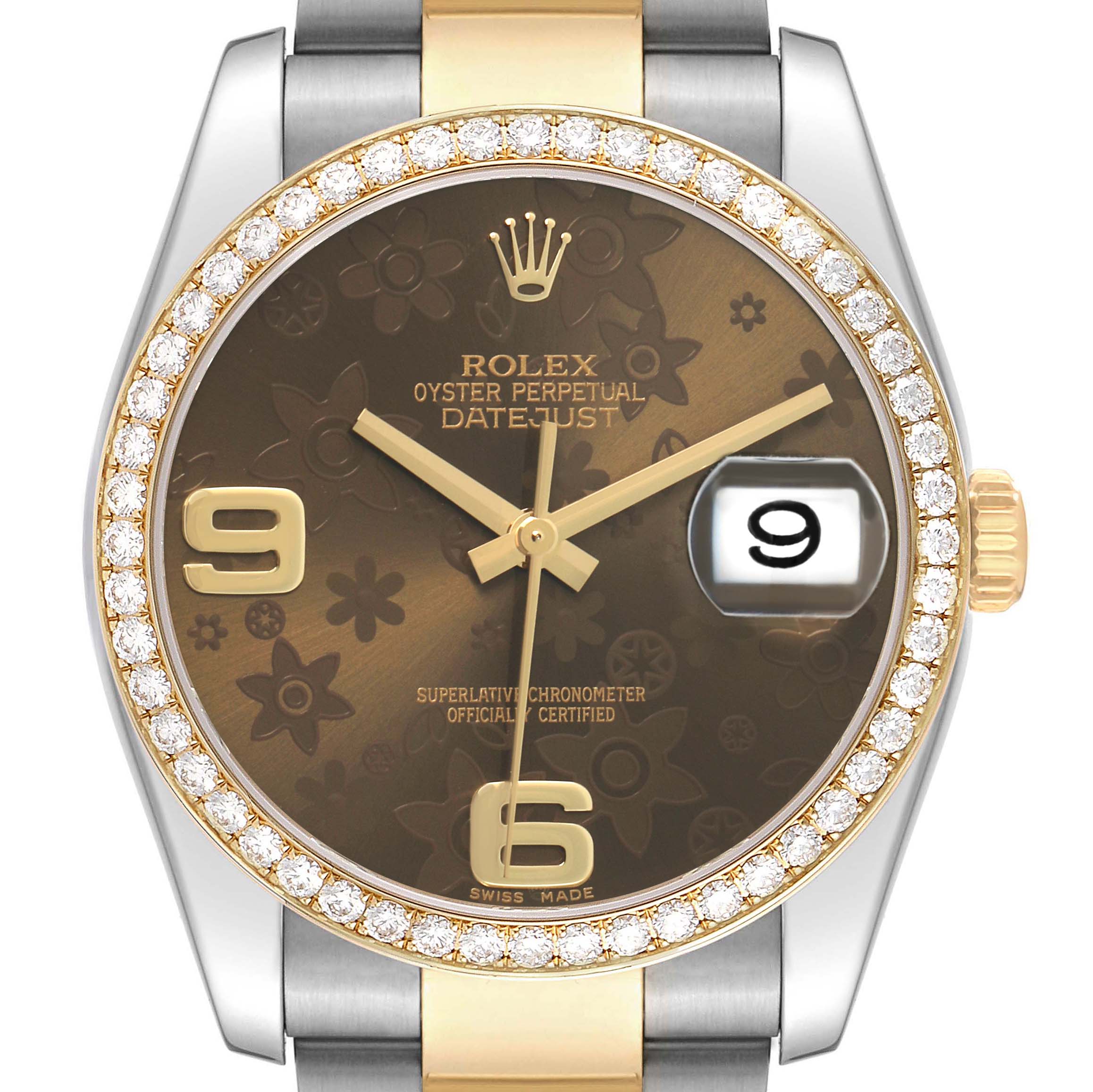The Rolex Datejust 116243 Men's Steel and Gold (two tone) Brown Dial watch is shown from a frontal angle, highlighting its floral-patterned dial, diamond bezel, and partial bracelet.
