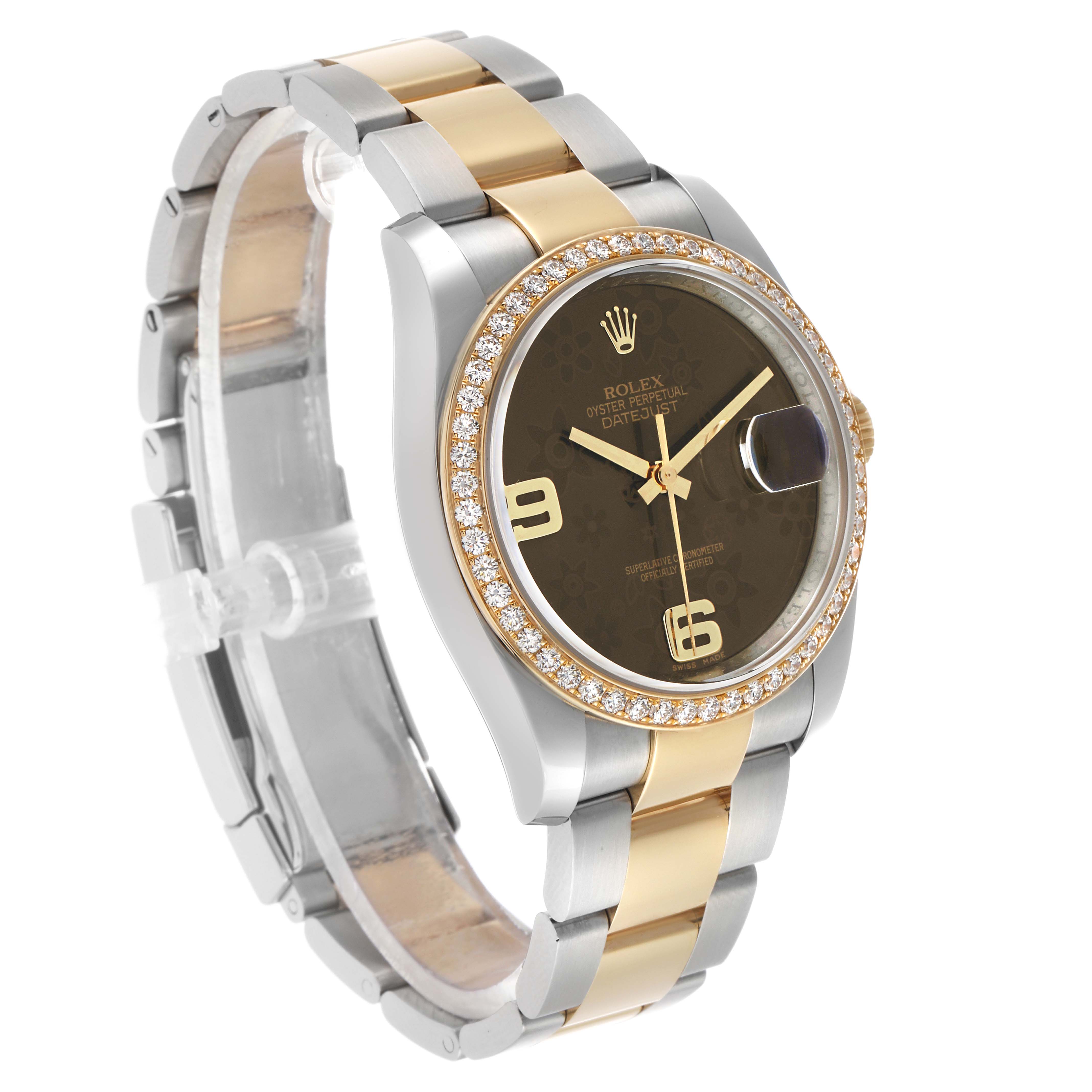 The Rolex Datejust 116243 Men's Steel and Gold (two tone) Brown Dial watch is shown at a three-quarter angle, highlighting its bezel, dial, and bracelet.