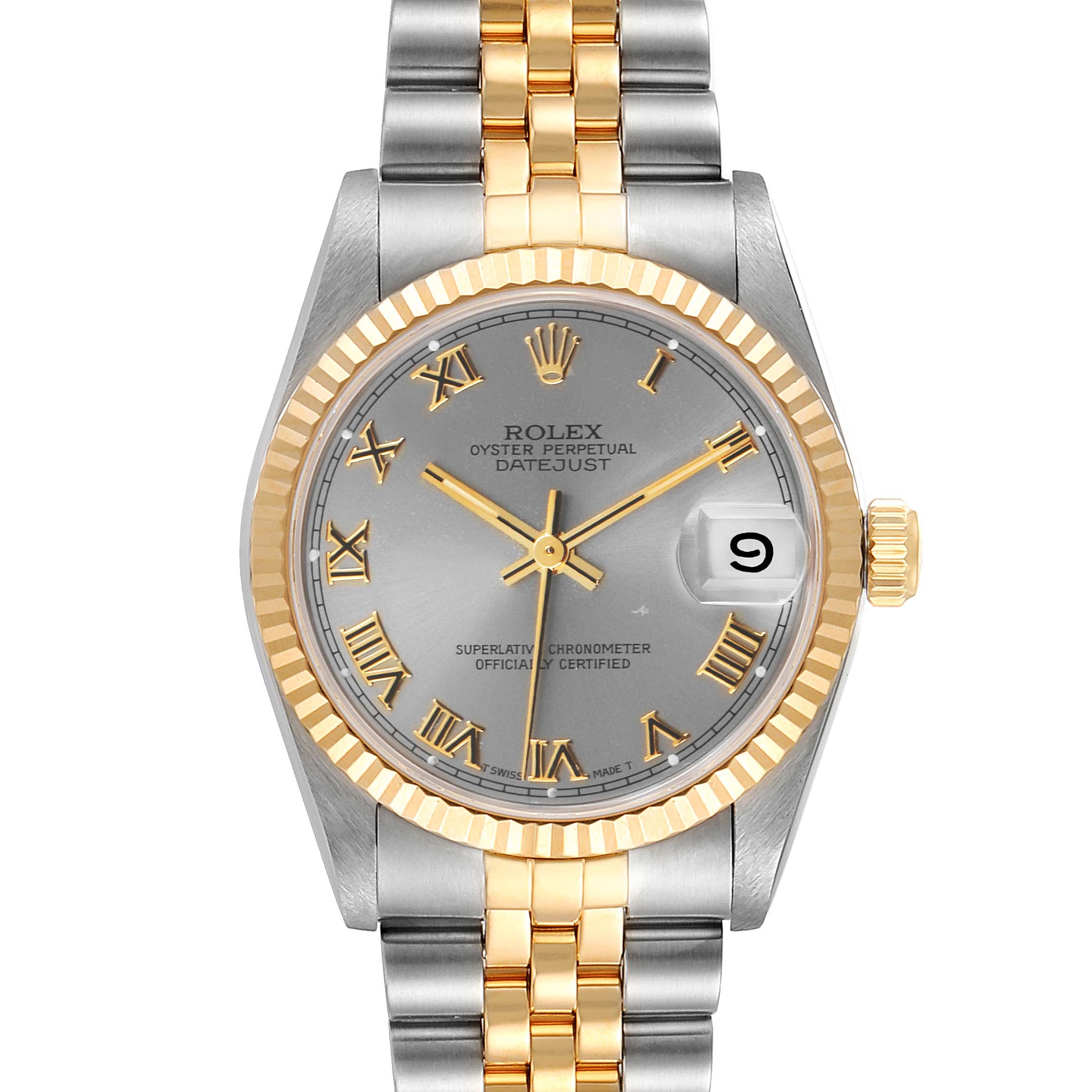 The image shows a frontal view of a Rolex Mid-Size 68273 Women's Steel and Gold (two tone) Grey Dial 68273 Women's Steel and Gold (two tone) Grey Dial Datejust watch, highlighting the dial, bezel, and bracelet.