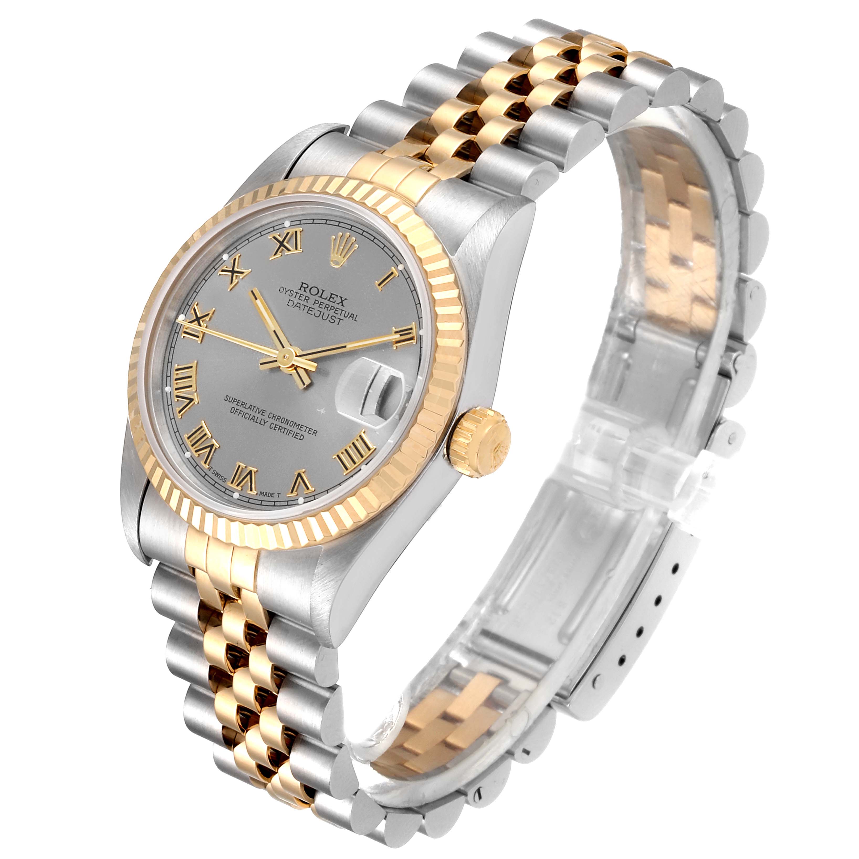 The Rolex Mid-Size 68273 Women's Steel and Gold (two tone) Grey Dial 68273 Women's Steel and Gold (two tone) Grey Dial watch is shown from an angled perspective, highlighting the dial, bezel, crown, and two-tone bracelet.