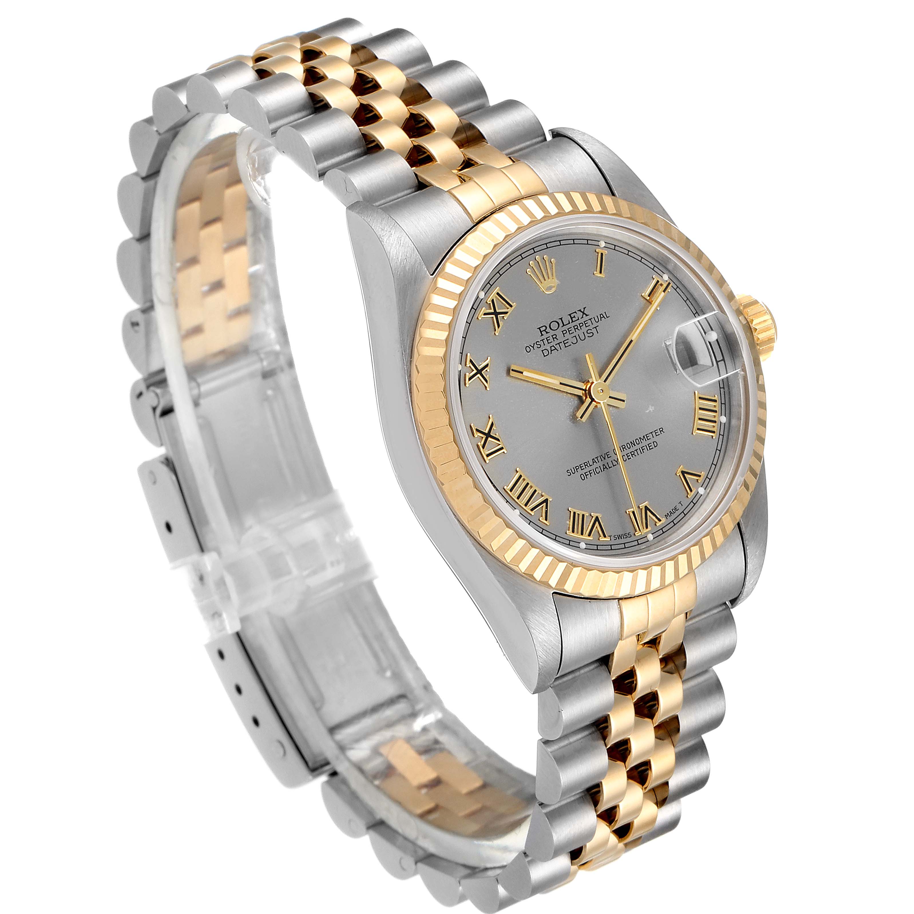 This image shows a Rolex Mid-Size 68273 Women's Steel and Gold (two tone) Grey Dial 68273 Women's Steel and Gold (two tone) Grey Dial model watch at a three-quarter angle, displaying the face, bezel, and bracelet. 