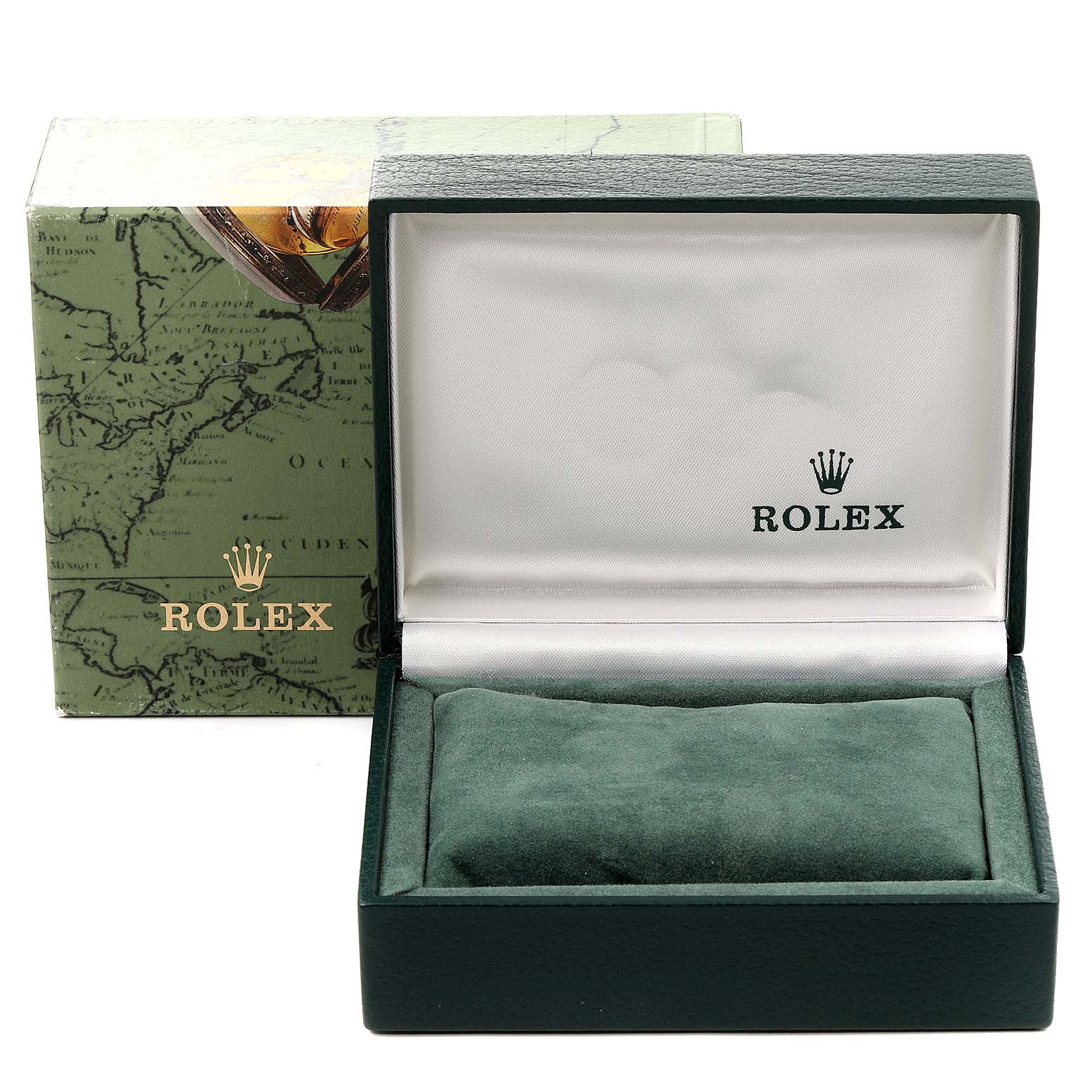 The image shows an open, empty Rolex Mid-Size 68273 Women's Steel and Gold (two tone) Grey Dial 68273 Women's Steel and Gold (two tone) Grey Dial model watch box placed in front of its outer green box.