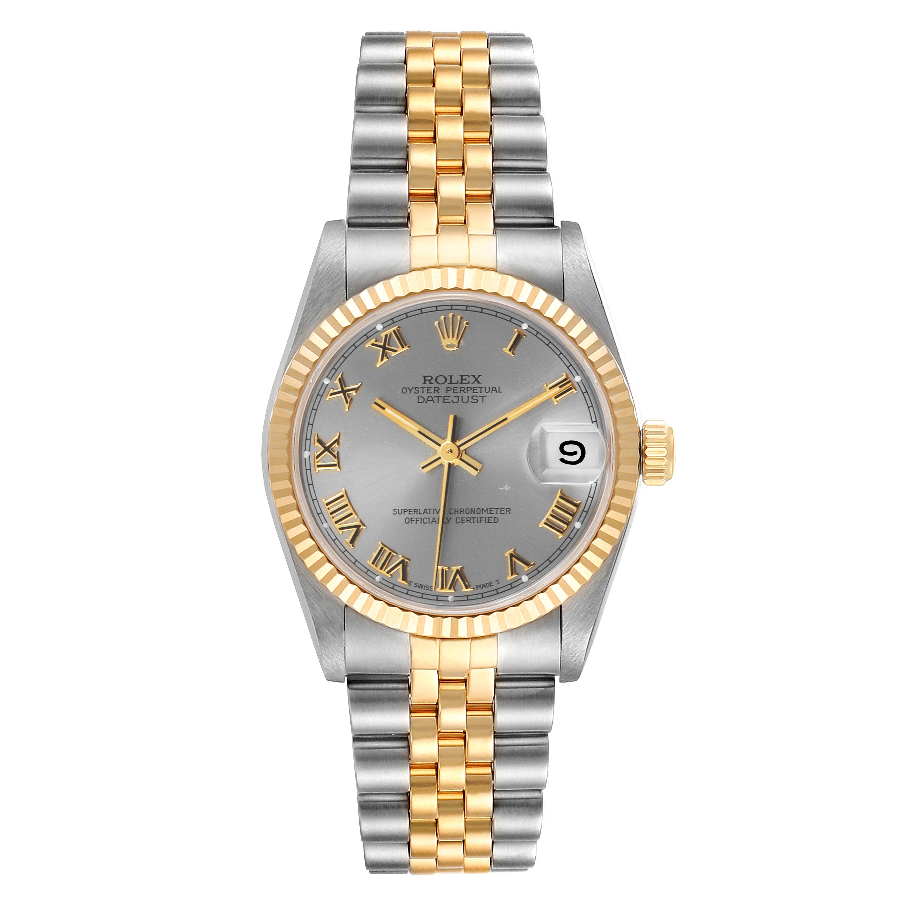 This image shows a front view of a Rolex Oyster Perpetual Datejust Mid-Size model watch with Roman numerals and a two-tone band.