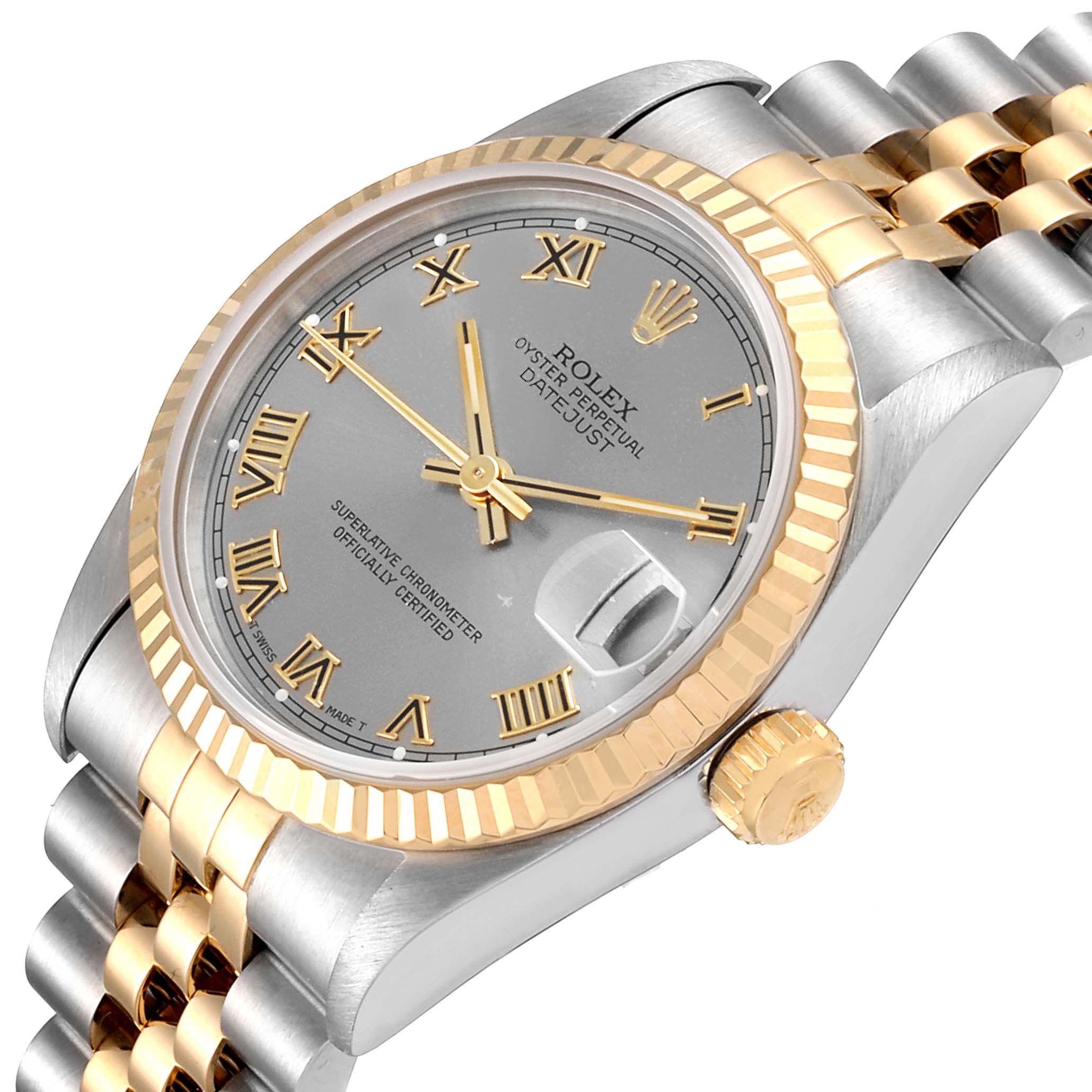 The Rolex Mid-Size 68273 Women's Steel and Gold (two tone) Grey Dial 68273 Women's Steel and Gold (two tone) Grey Dial Datejust is shown at a slight angle, displaying its dial, fluted bezel, gold crown, and two-tone bracelet.