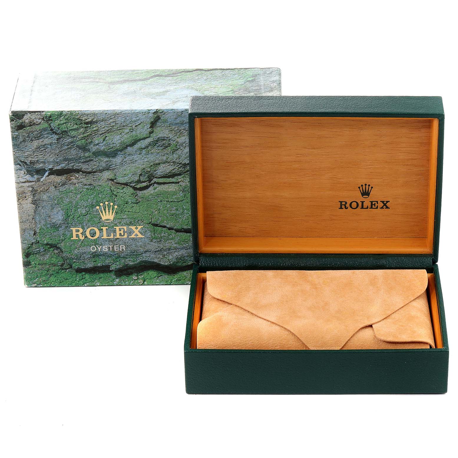 The image shows an open green and wood Rolex box for a Mid-Size model, displaying the Rolex logo inside and a suede pouch.