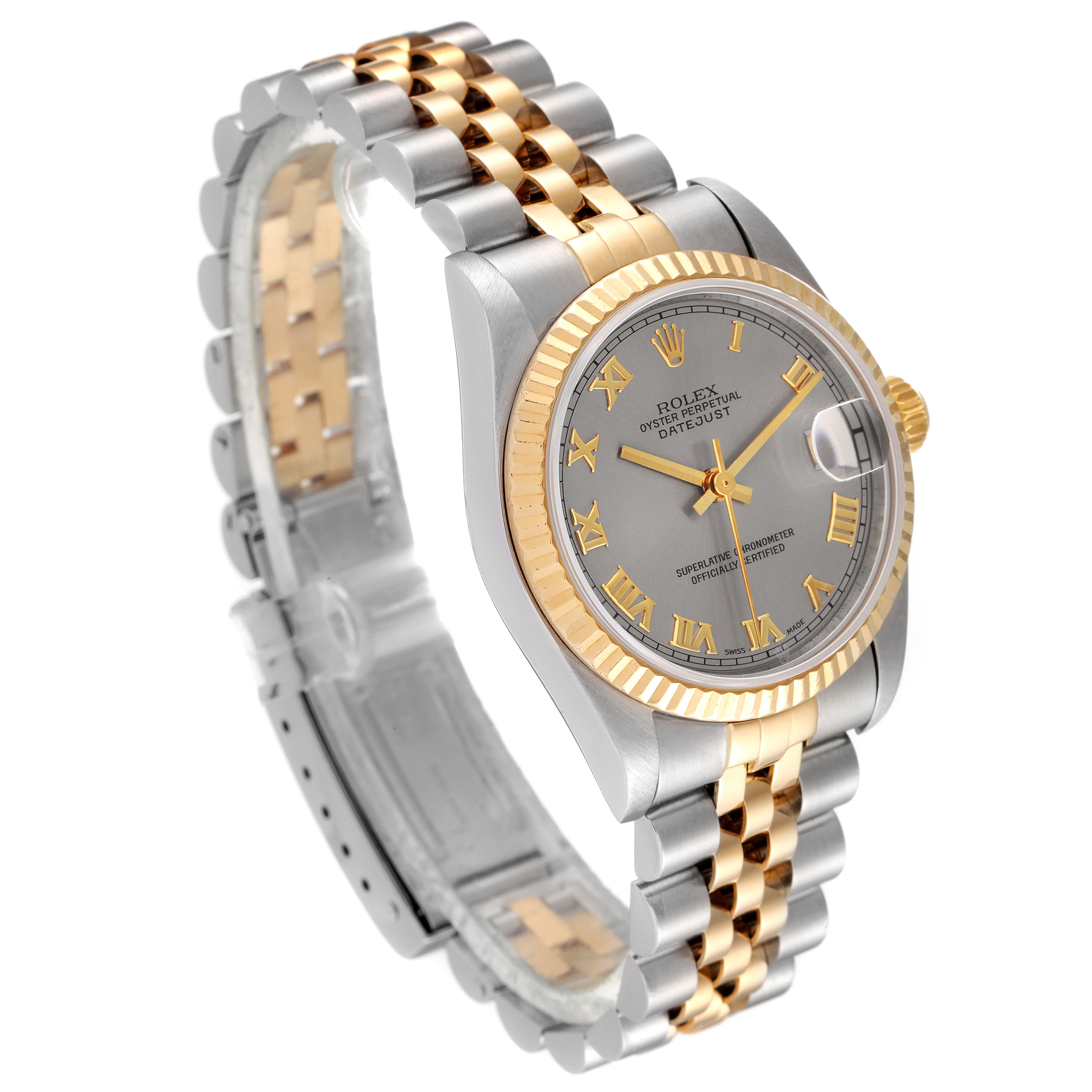 This is a side angle view of the Rolex Mid-Size 78273 Women
s Steel and Gold (two tone) Grey Dial 78273 Women
s Steel and Gold (two tone) Grey Dial Datejust watch, showing the face, bezel, and bracelet.