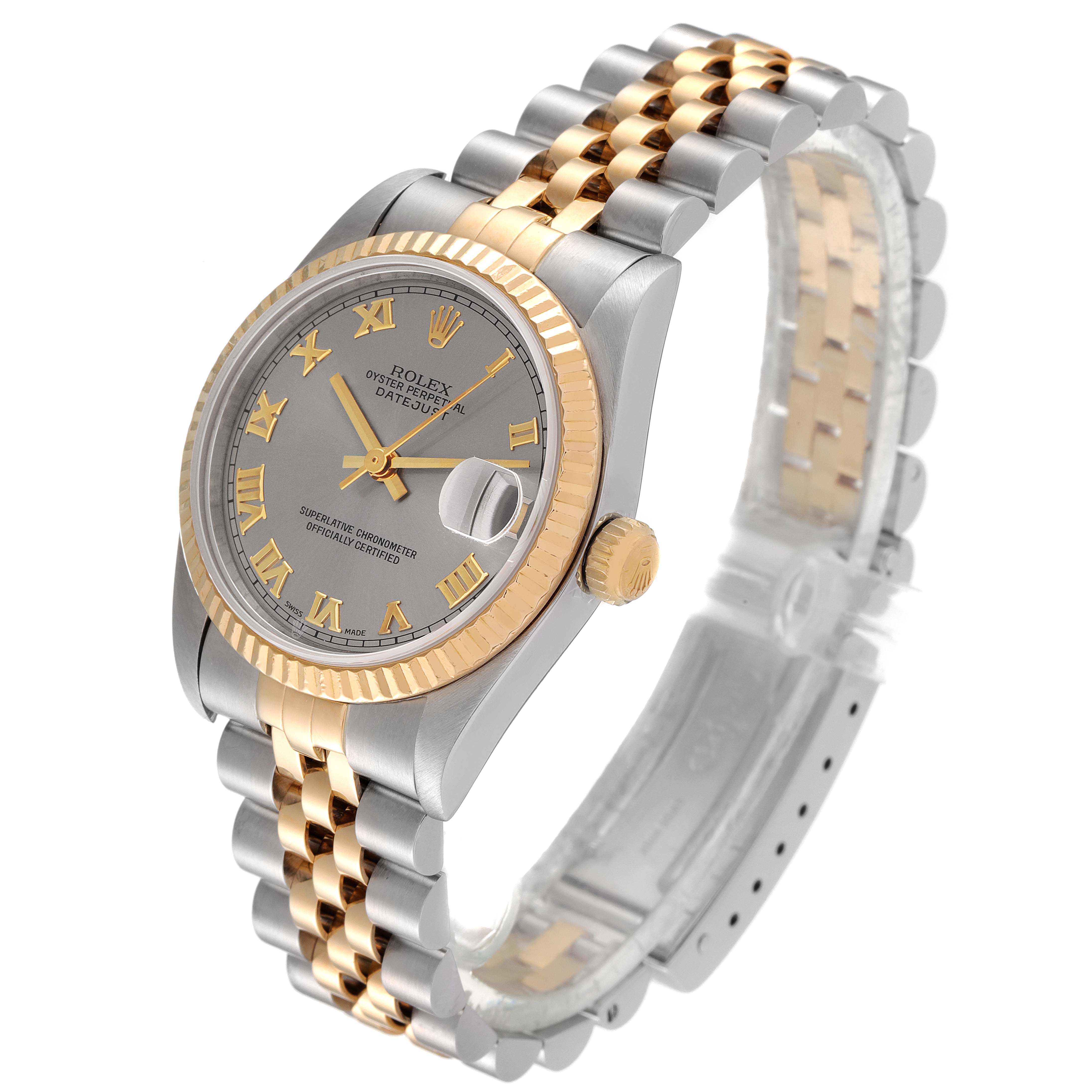 The image shows a Rolex Mid-Size 78273 Women
s Steel and Gold (two tone) Grey Dial 78273 Women
s Steel and Gold (two tone) Grey Dial Oyster Perpetual Datejust watch at a three-quarter angle, highlighting its silver and gold bracelet.