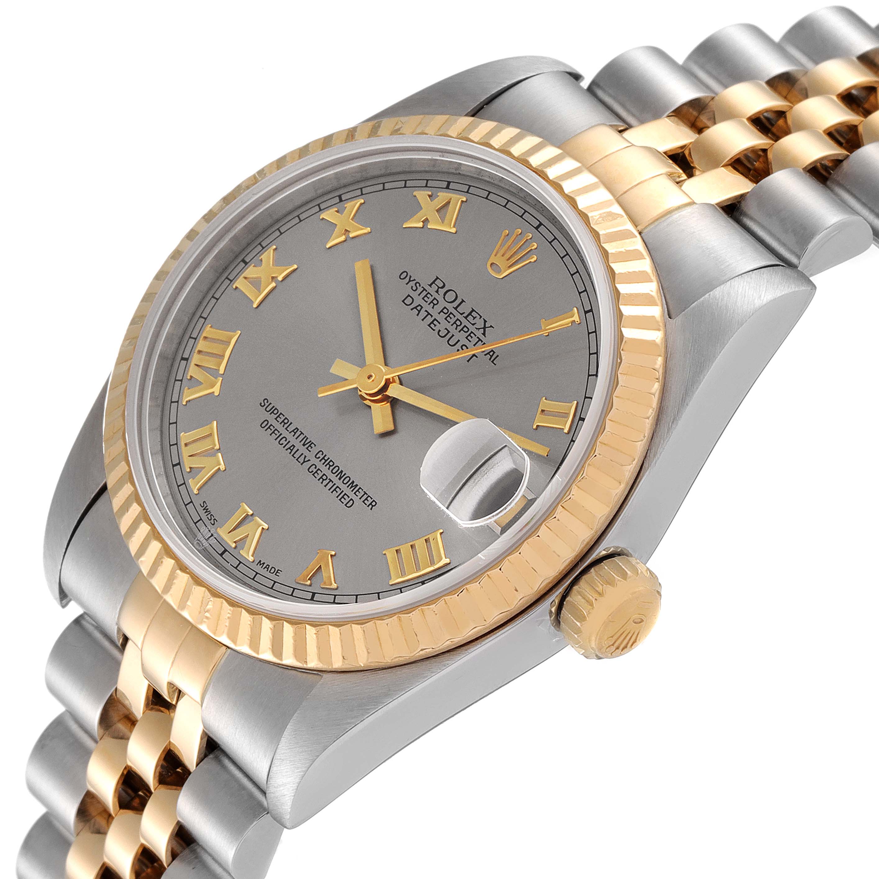 This image shows a Rolex Mid-Size 78273 Women
s Steel and Gold (two tone) Grey Dial 78273 Women
s Steel and Gold (two tone) Grey Dial Datejust watch at an angle, highlighting its dial, bezel, crown, and part of the bracelet.
