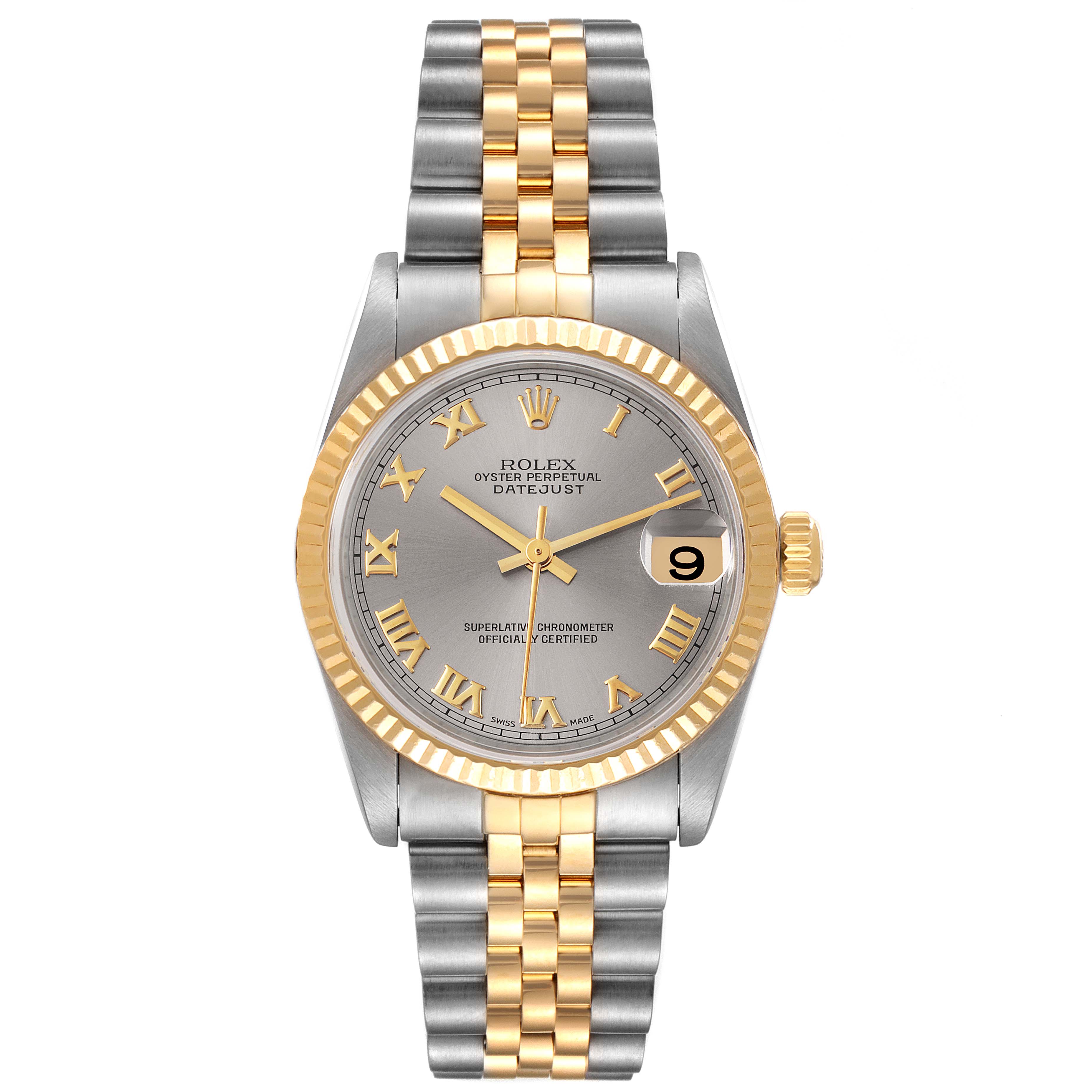 The image shows a front view of a Rolex Mid-Size 78273 Women
s Steel and Gold (two tone) Grey Dial 78273 Women
s Steel and Gold (two tone) Grey Dial Oyster Perpetual Datejust with a silver and gold Jubilee bracelet.