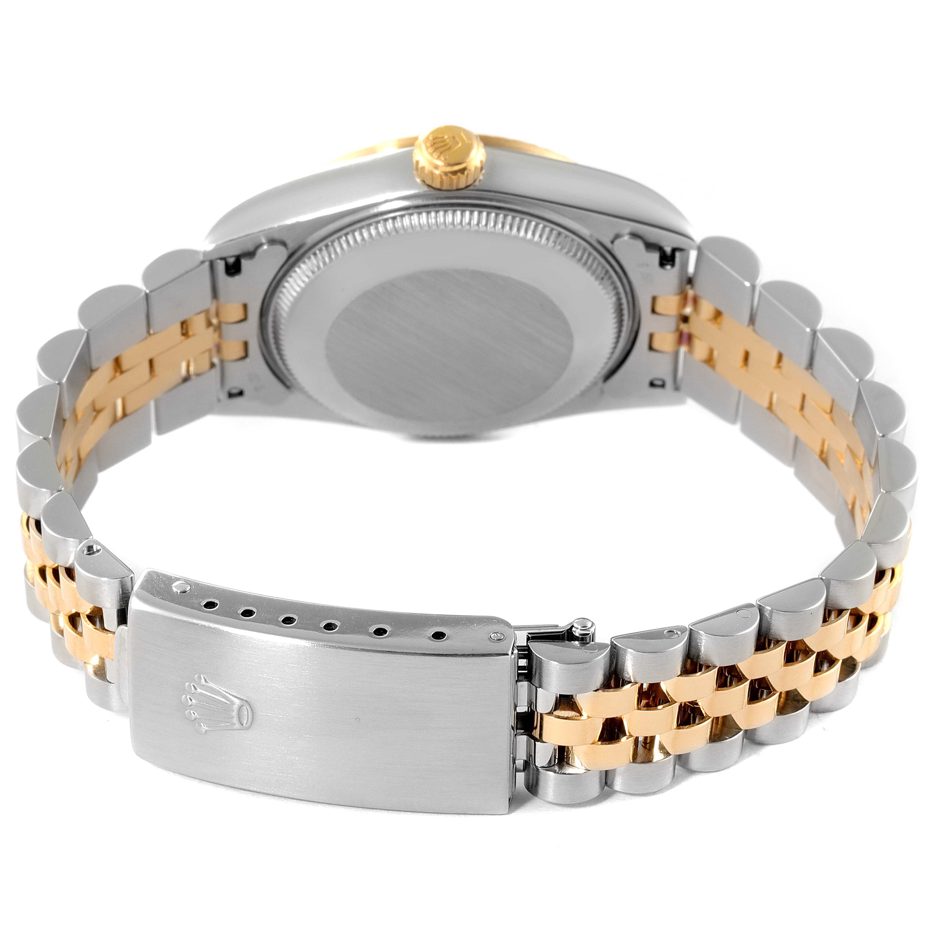 The image shows the back view of a Mid-Size Rolex watch, highlighting the bracelet and clasp.