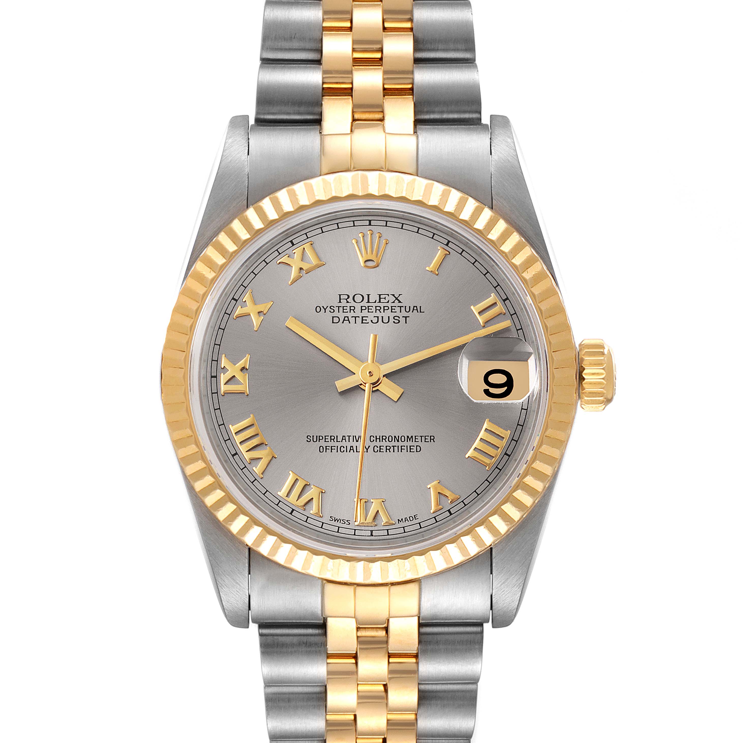 This image shows a front view of the Rolex Mid-Size 78273 Women
s Steel and Gold (two tone) Grey Dial 78273 Women
s Steel and Gold (two tone) Grey Dial Datejust watch, highlighting its gold and silver design with Roman numerals.