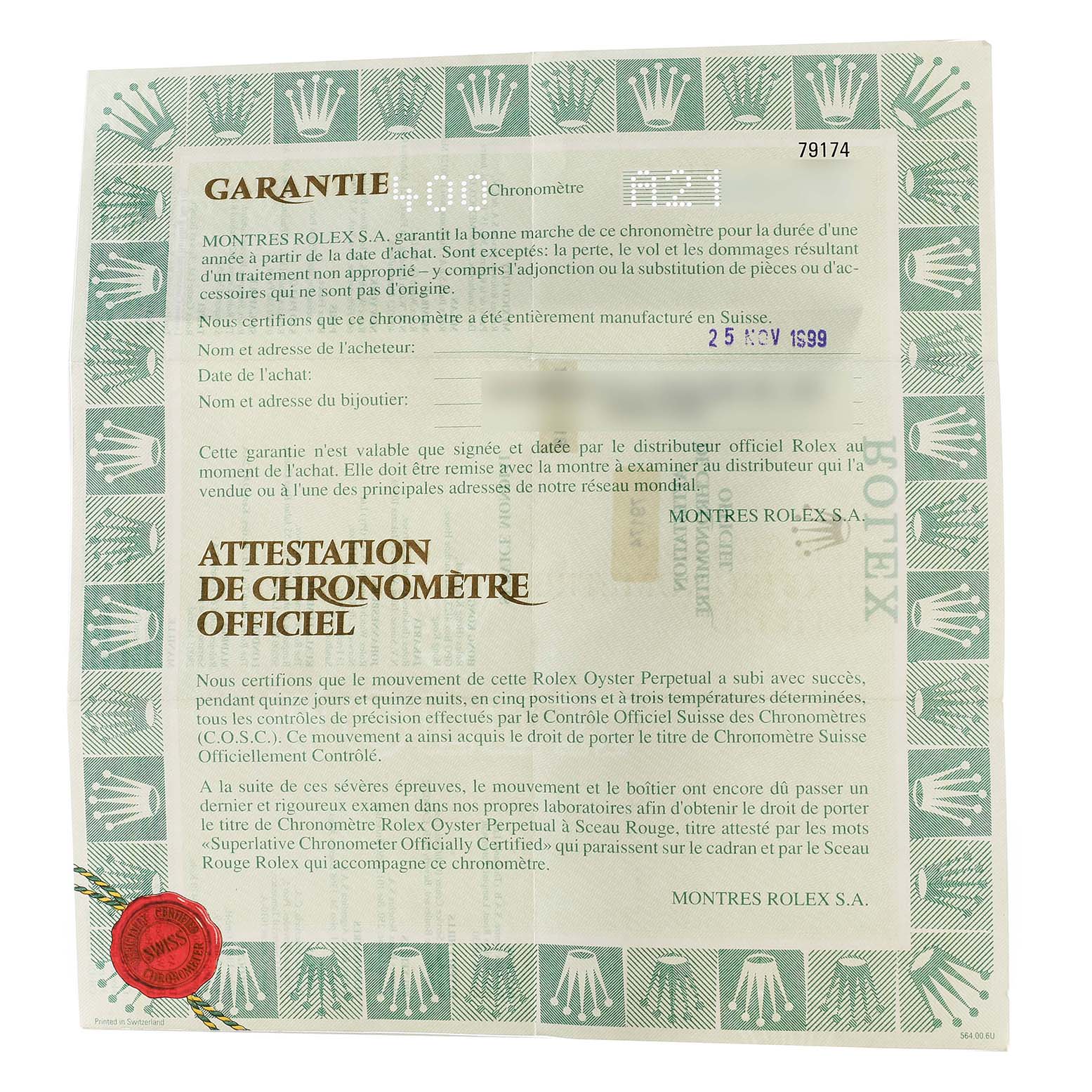 The image shows a warranty and chronometer certificate for a Rolex Datejust 79174 Women's Stainless Steel Pink Dial 79174 Women's Stainless Steel Pink Dial model, viewed from the front.