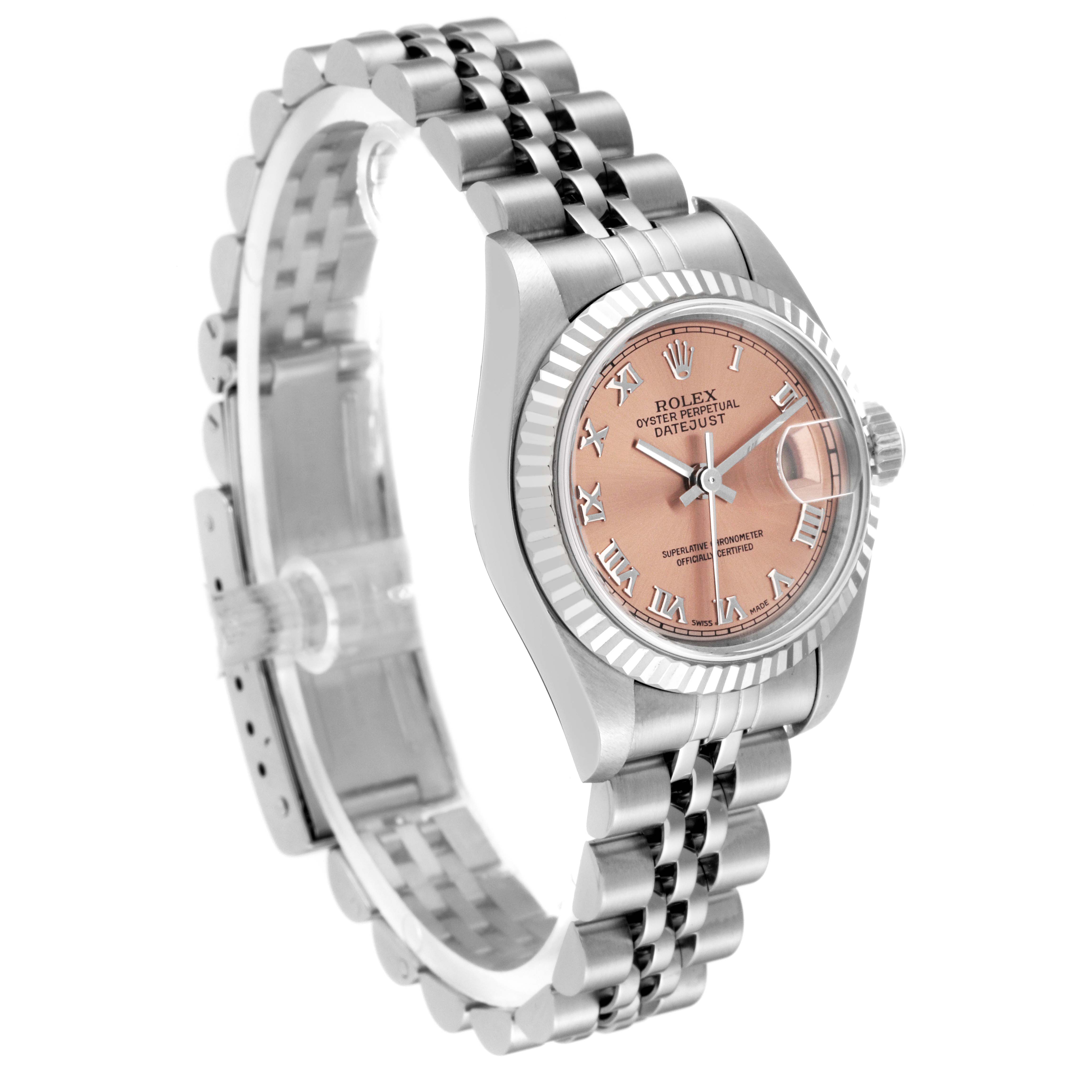 The Rolex Datejust 79174 Women's Stainless Steel Pink Dial 79174 Women's Stainless Steel Pink Dial watch is shown at a slight angle, highlighting its fluted bezel, jubilee bracelet, and salmon pink dial.