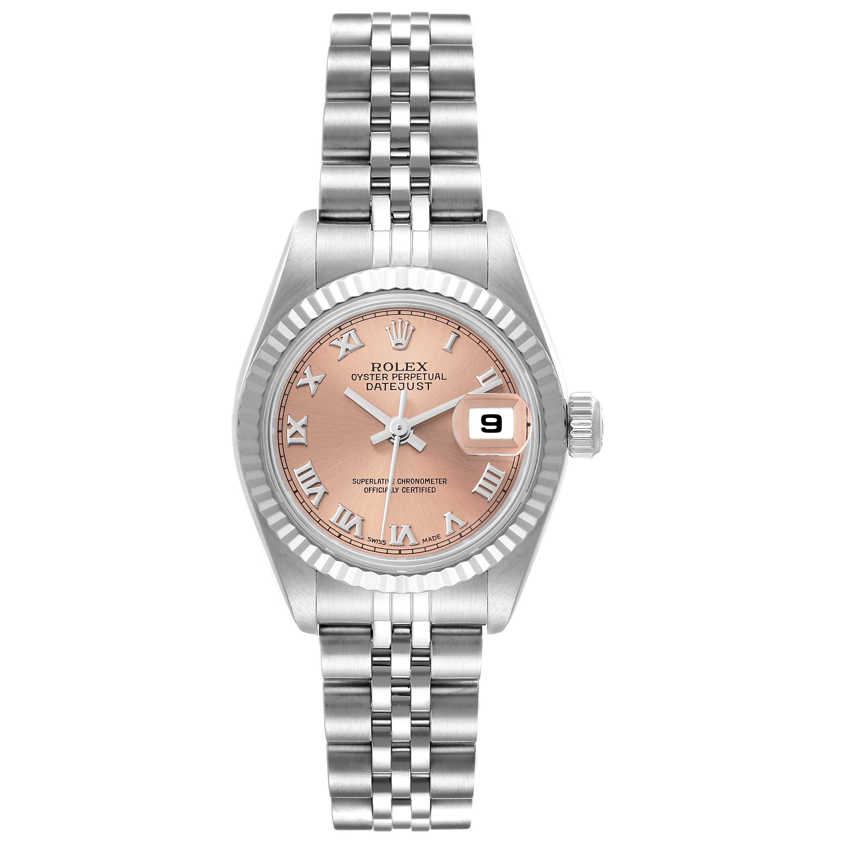 This image shows a frontal view of a Rolex Datejust 79174 Women's Stainless Steel Pink Dial 79174 Women's Stainless Steel Pink Dial watch, displaying its face, hands, date window, bezel, and bracelet.
