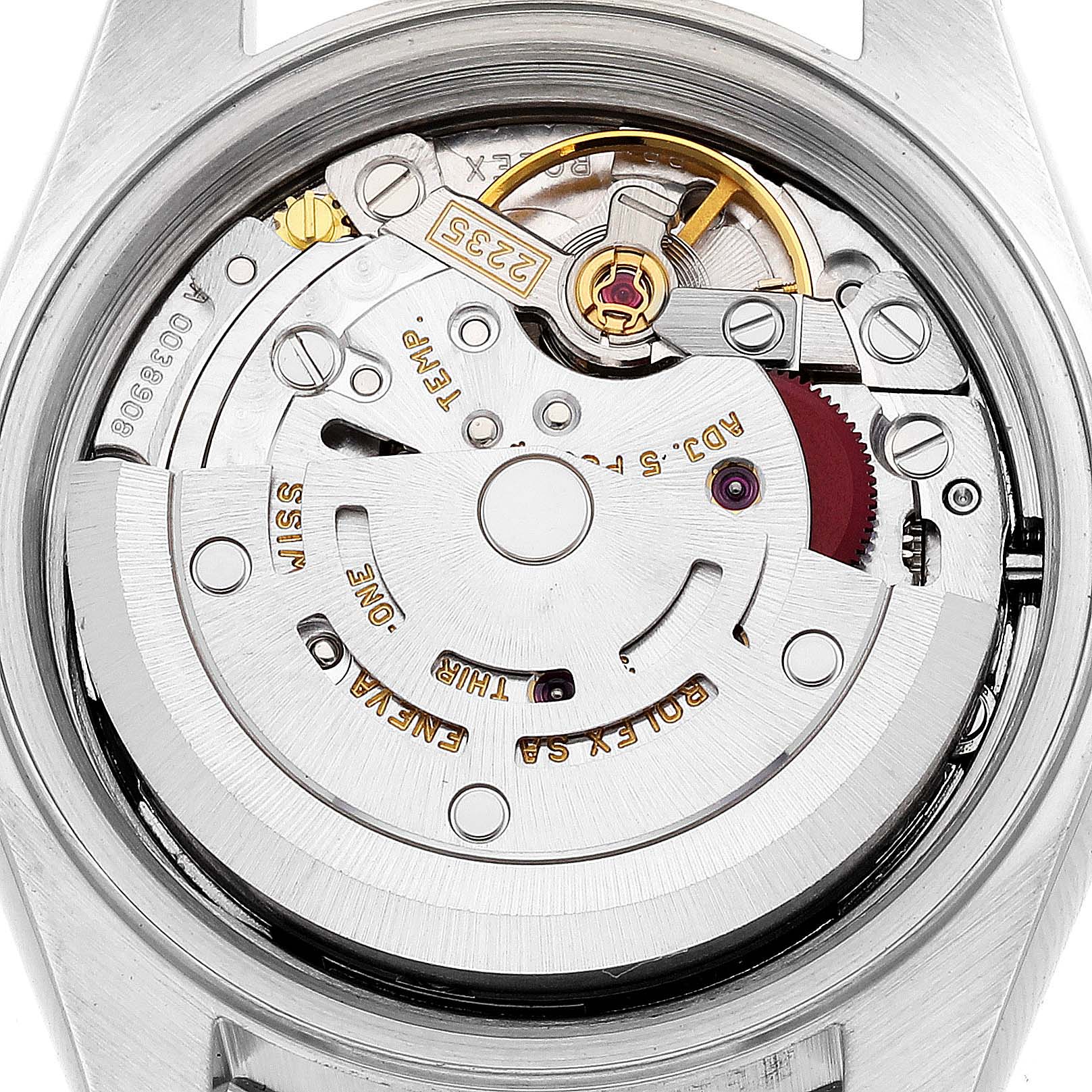 This image shows the back view of the internal mechanism of a Rolex Datejust 79174 Women's Stainless Steel Pink Dial 79174 Women's Stainless Steel Pink Dial watch, highlighting its intricate movement parts.