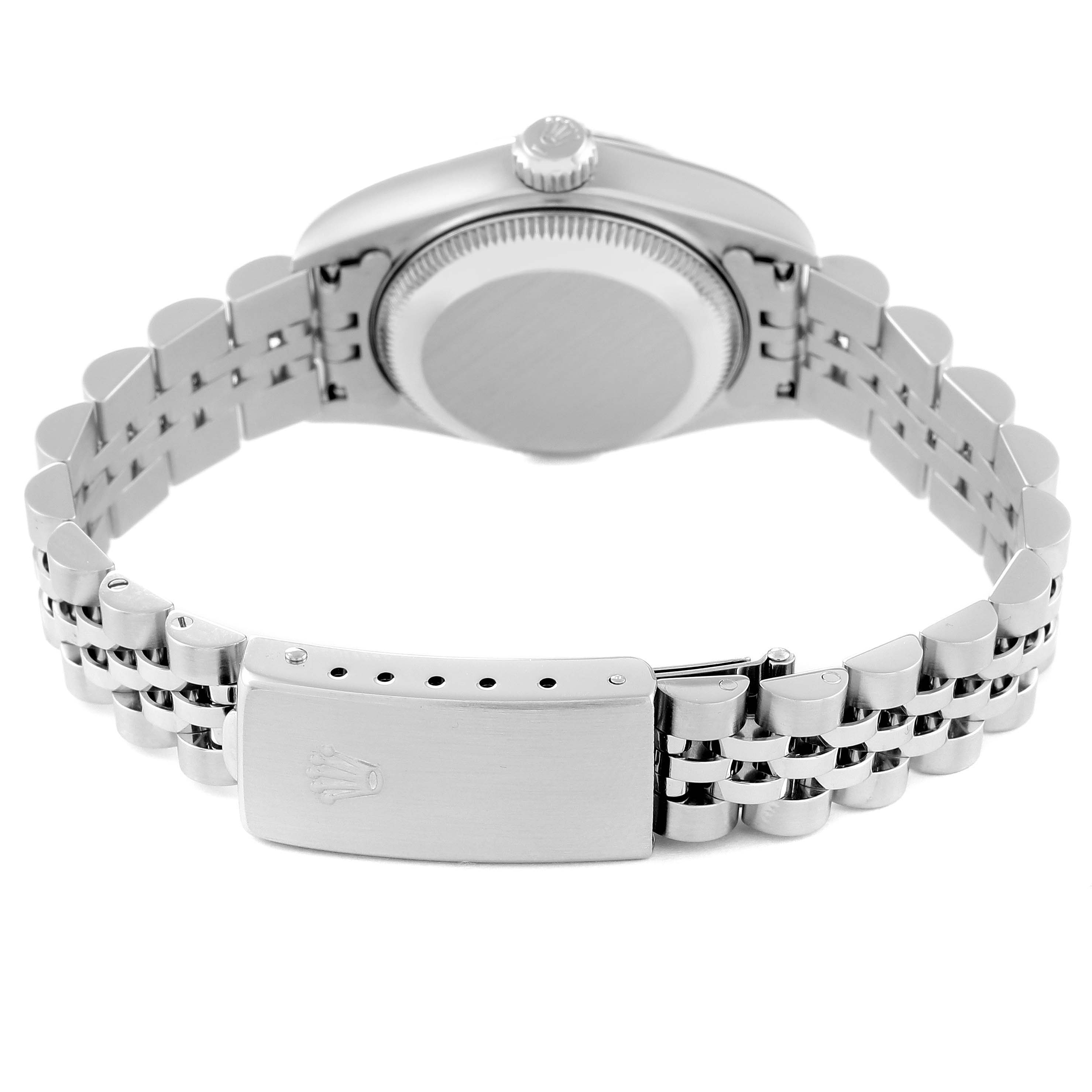 The image shows the back view of a Rolex Datejust 79174 Women's Stainless Steel Pink Dial 79174 Women's Stainless Steel Pink Dial watch, highlighting the case back, crown, and Jubilee bracelet with the clasp.