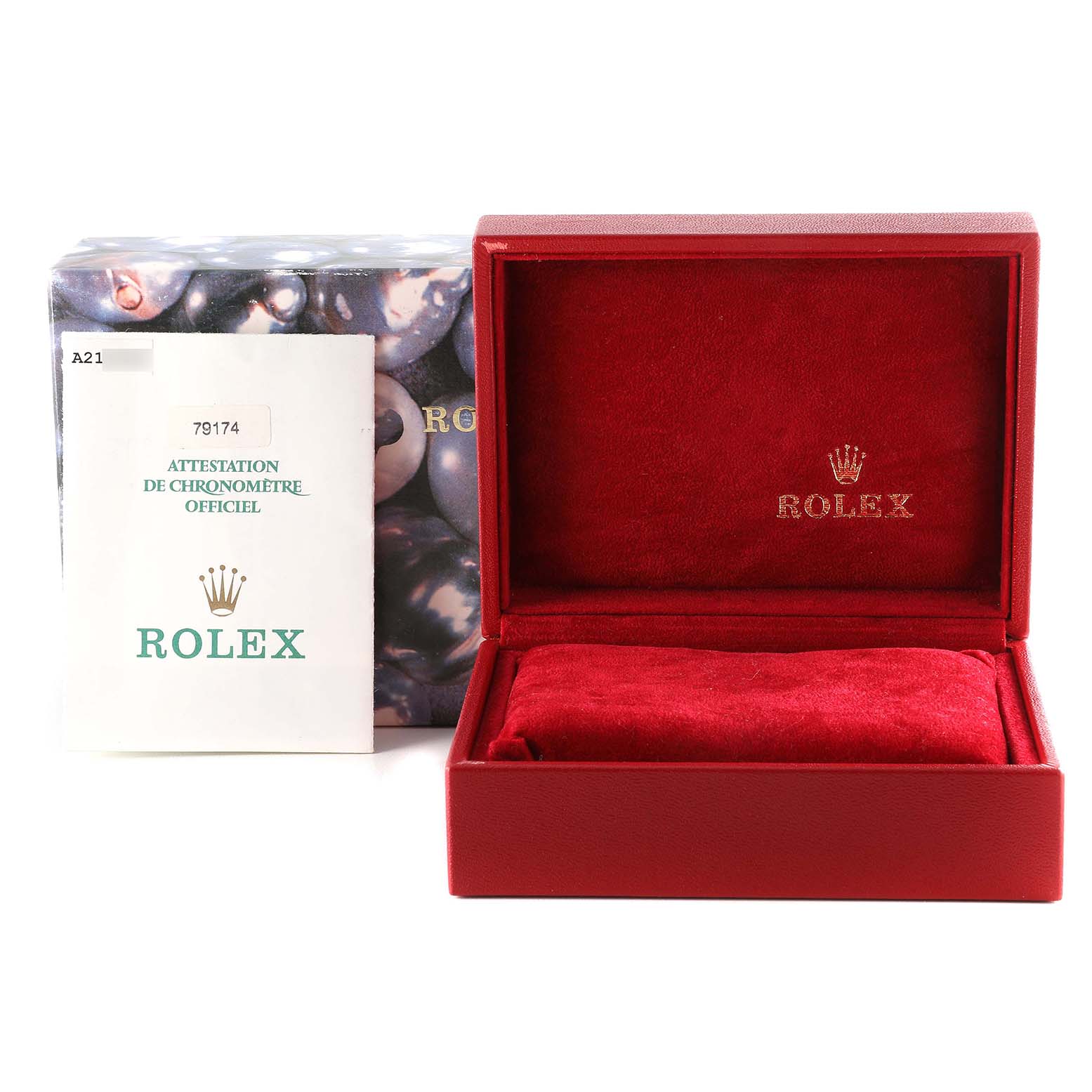 The image shows an empty Rolex Datejust 79174 Women's Stainless Steel Pink Dial 79174 Women's Stainless Steel Pink Dial watch box, with an official certificate and outer packaging.
