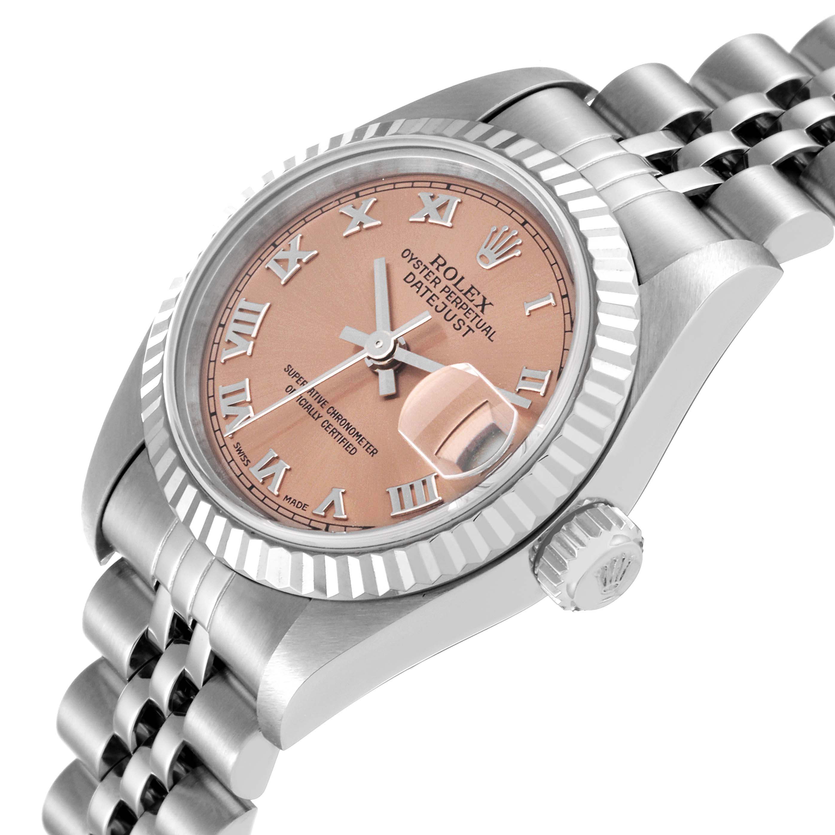 The image shows a close-up of a Rolex Datejust 79174 Women's Stainless Steel Pink Dial 79174 Women's Stainless Steel Pink Dial watch at an oblique angle, highlighting the dial, crown, and part of the bracelet.