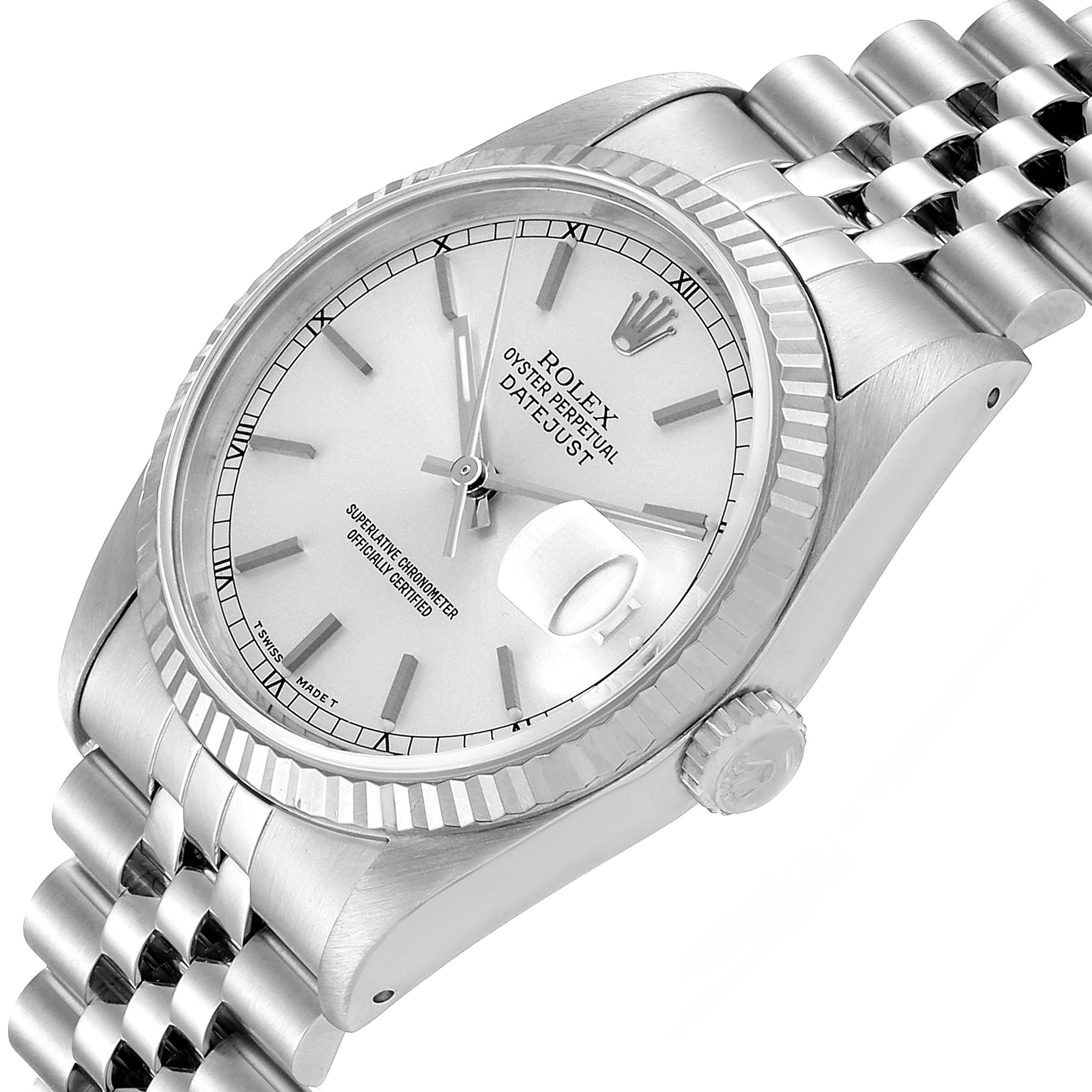 This image shows a close-up, angled view of the Rolex Datejust 16234 Men's Stainless Steel Silver Dial 16234 Men's Stainless Steel Silver Dial watch, highlighting the dial, bezel, crown, and part of the bracelet.