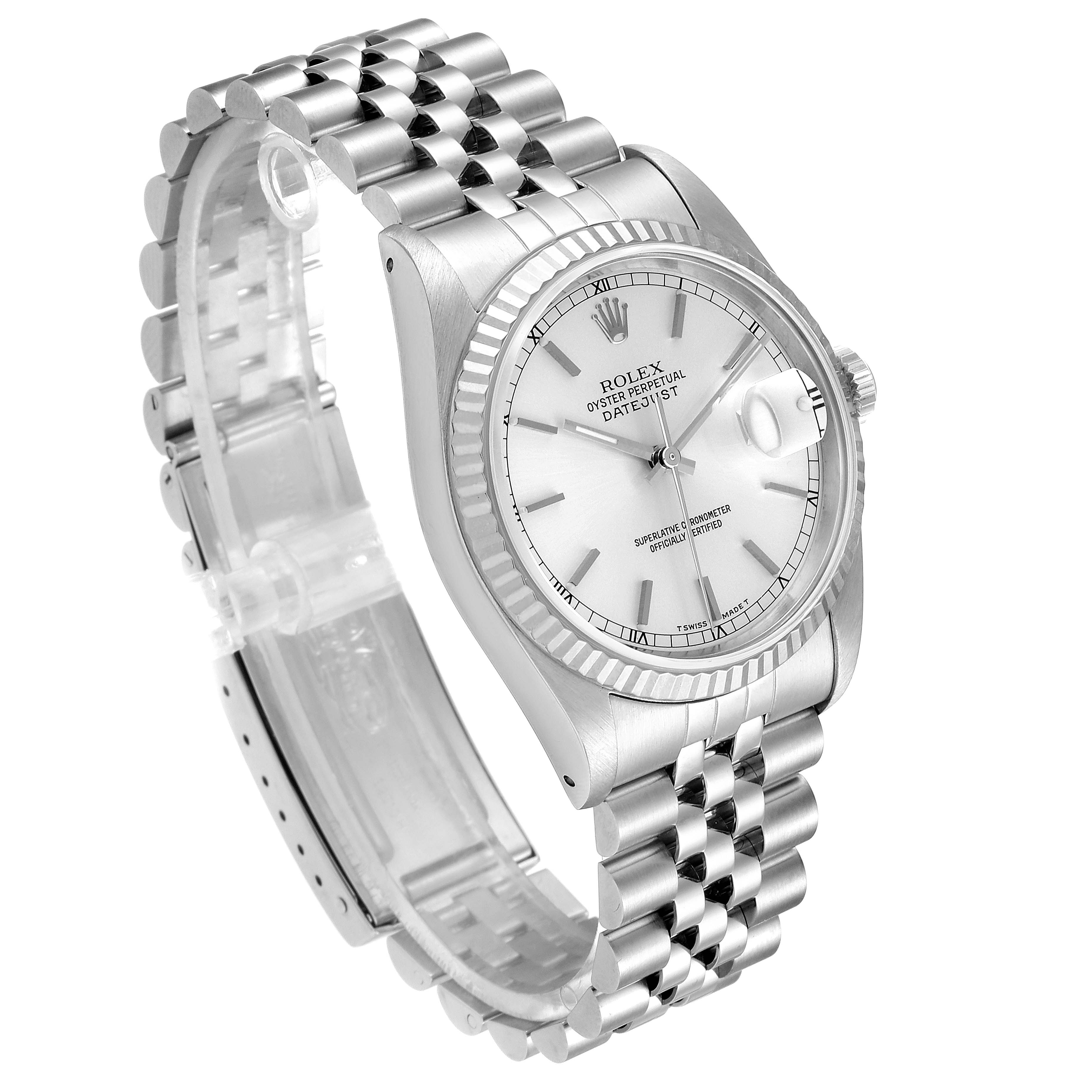 The image shows a Rolex Datejust 16234 Men's Stainless Steel Silver Dial 16234 Men's Stainless Steel Silver Dial watch at a three-quarter angle, highlighting its silver dial, fluted bezel, and Jubilee bracelet.