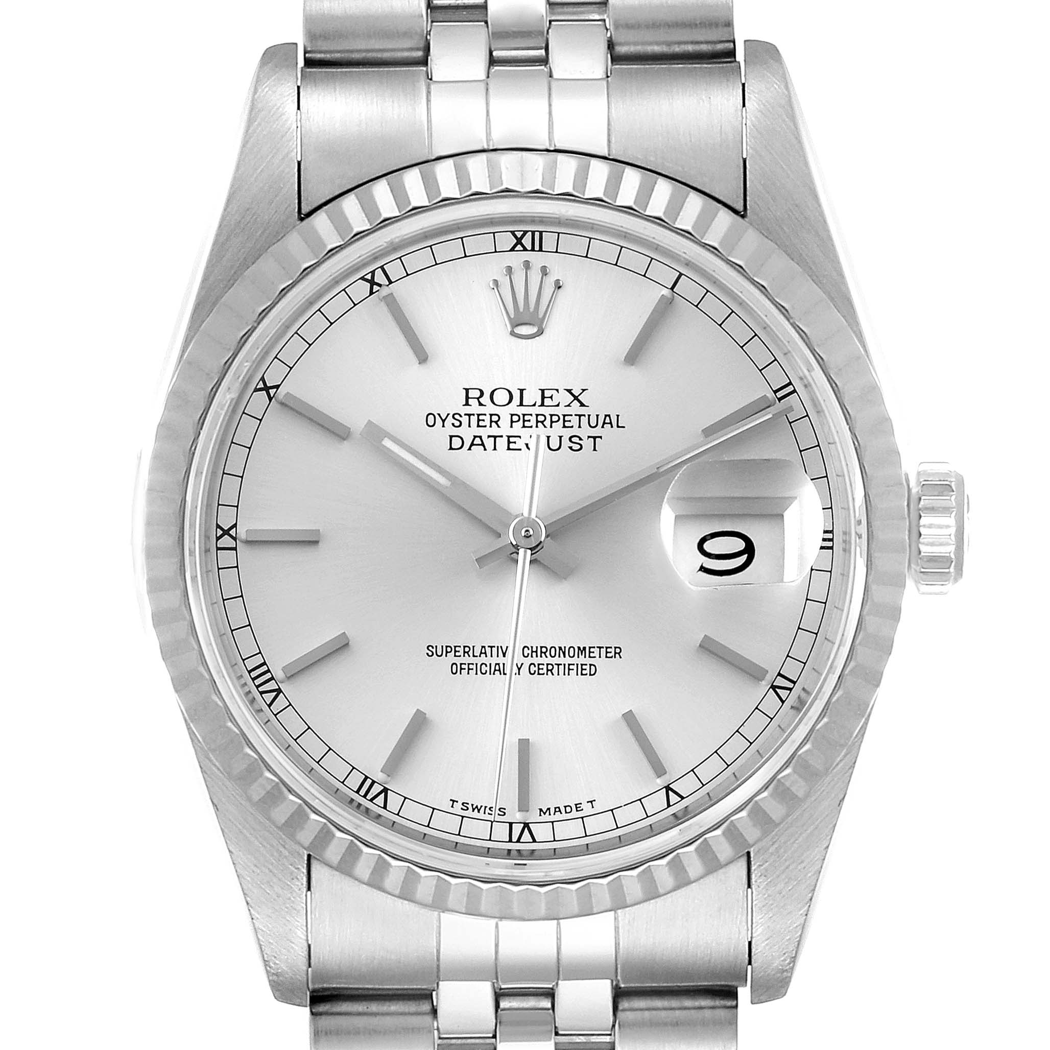 The image shows a Rolex Datejust 16234 Men's Stainless Steel Silver Dial 16234 Men's Stainless Steel Silver Dial watch's face and bracelet from a front angle.