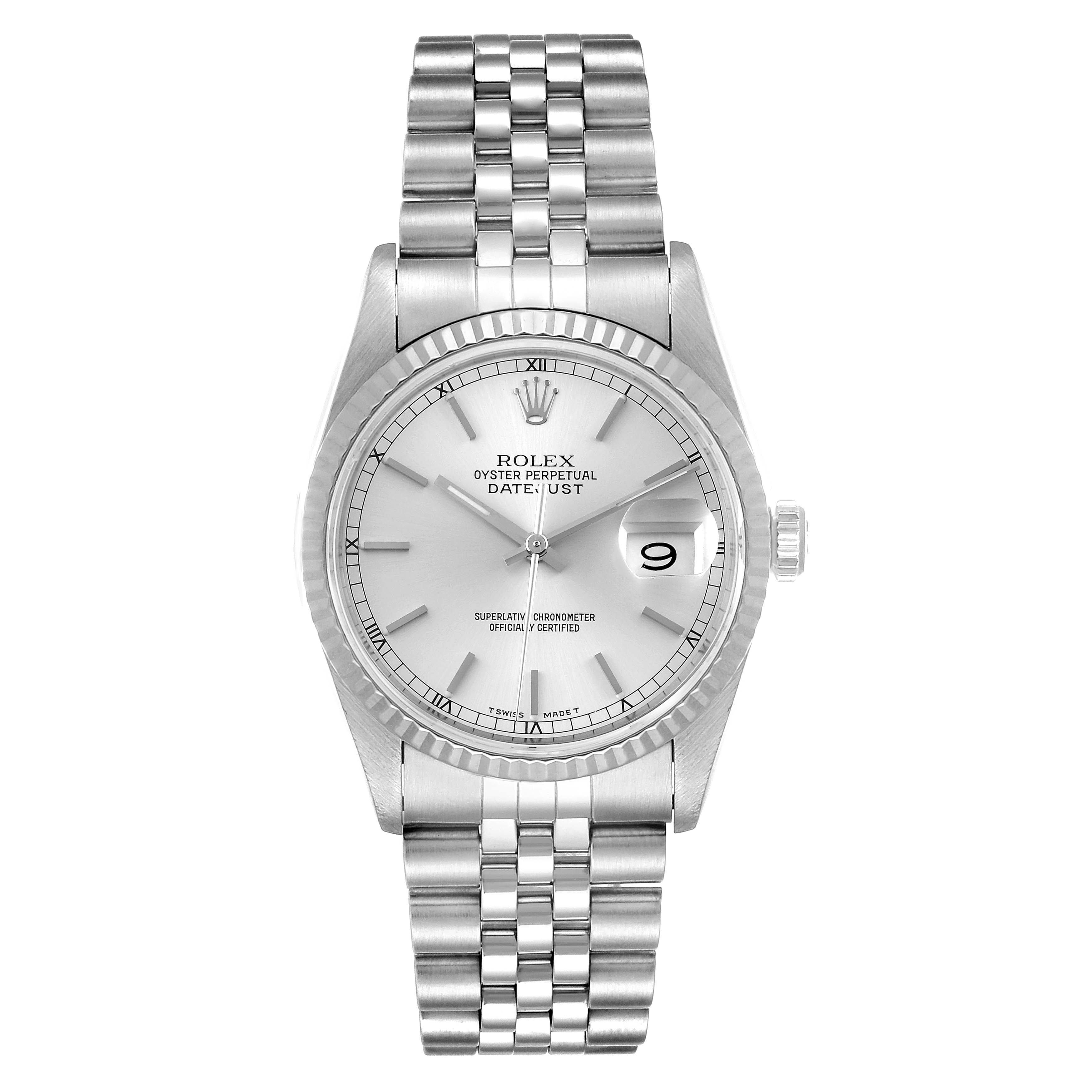The image shows a front view of a Rolex Datejust 16234 Men's Stainless Steel Silver Dial 16234 Men's Stainless Steel Silver Dial, displaying the dial, bracelet, and bezel.