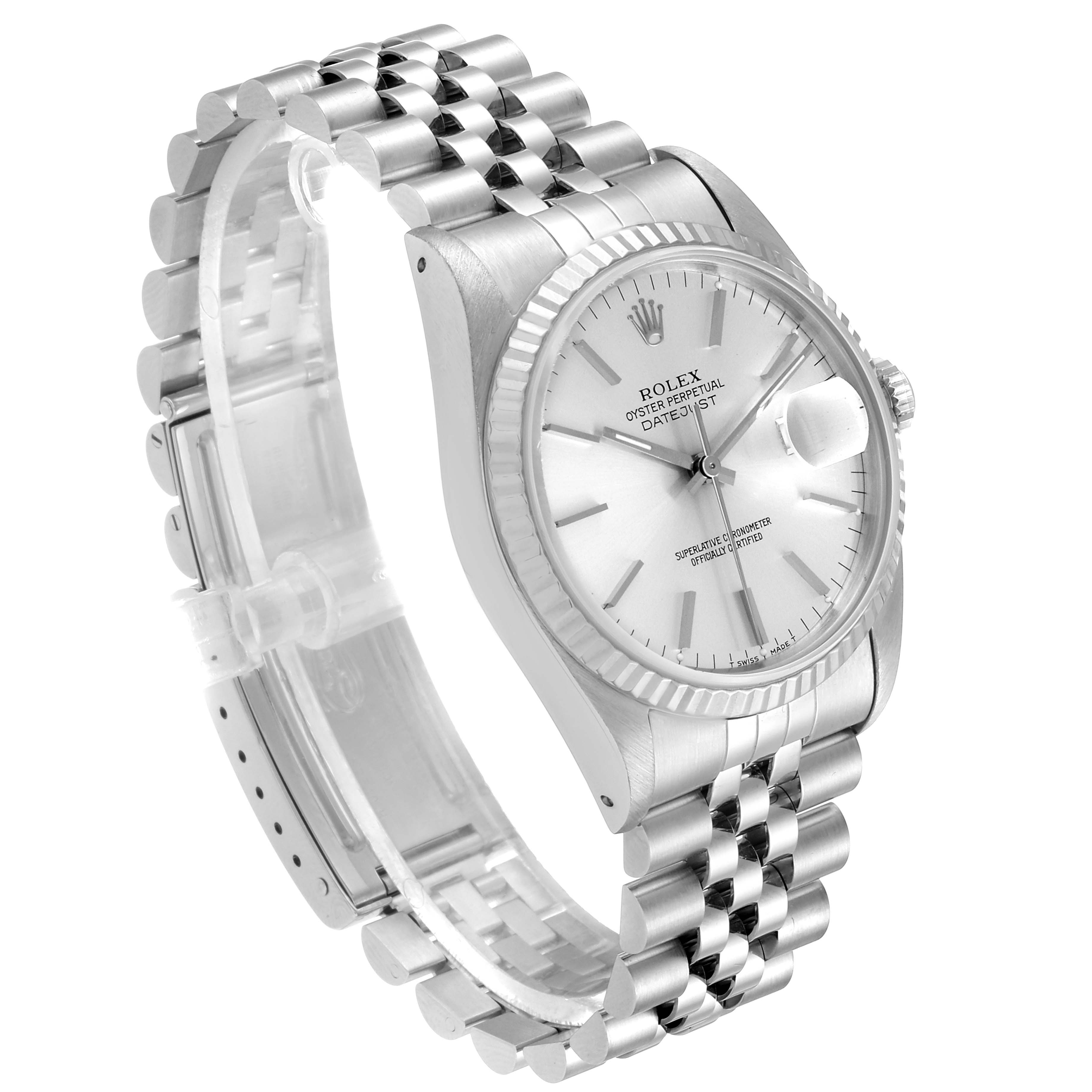 This image shows a Rolex Datejust 16234 Men's Stainless Steel Silver Dial 16234 Men's Stainless Steel Silver Dial watch at a three-quarter angle, featuring its bezel, dial, bracelet, and clasp.