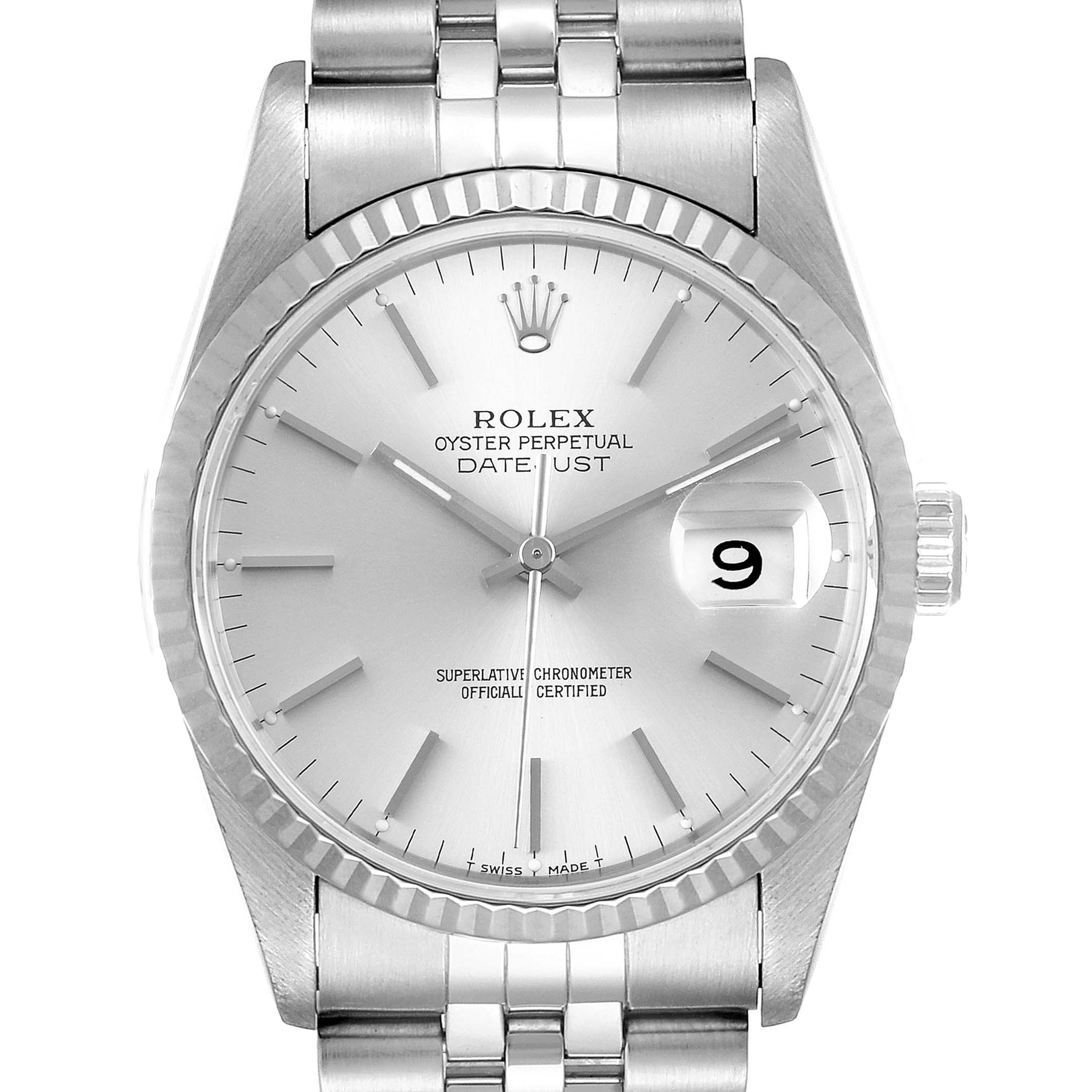 This image shows a front view of a Rolex Datejust 16234 Men's Stainless Steel Silver Dial 16234 Men's Stainless Steel Silver Dial watch, featuring its silver dial, fluted bezel, and jubilee bracelet.