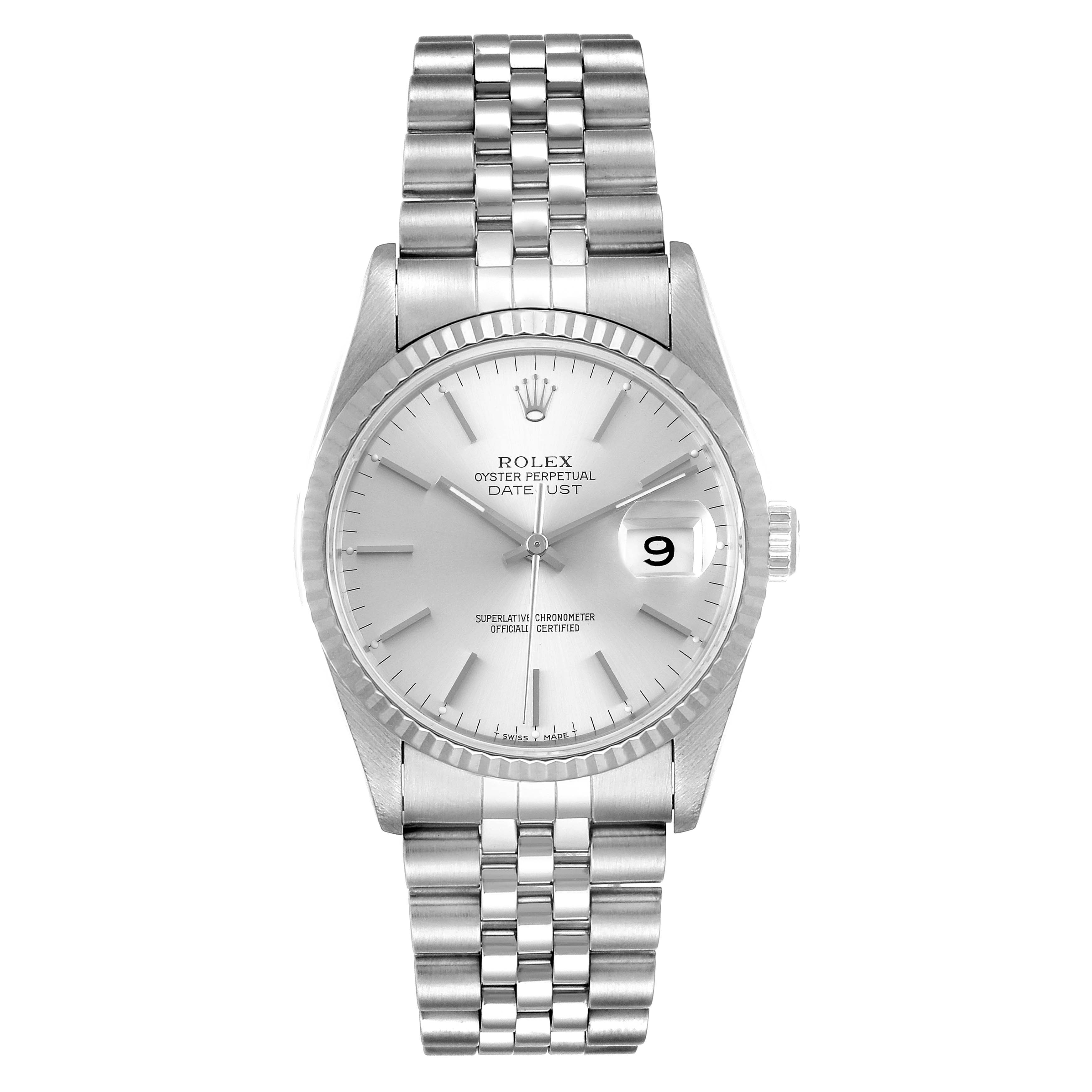 This image shows a front view of the Rolex Datejust 16234 Men's Stainless Steel Silver Dial 16234 Men's Stainless Steel Silver Dial watch, displaying its dial, bezel, crown, and bracelet.