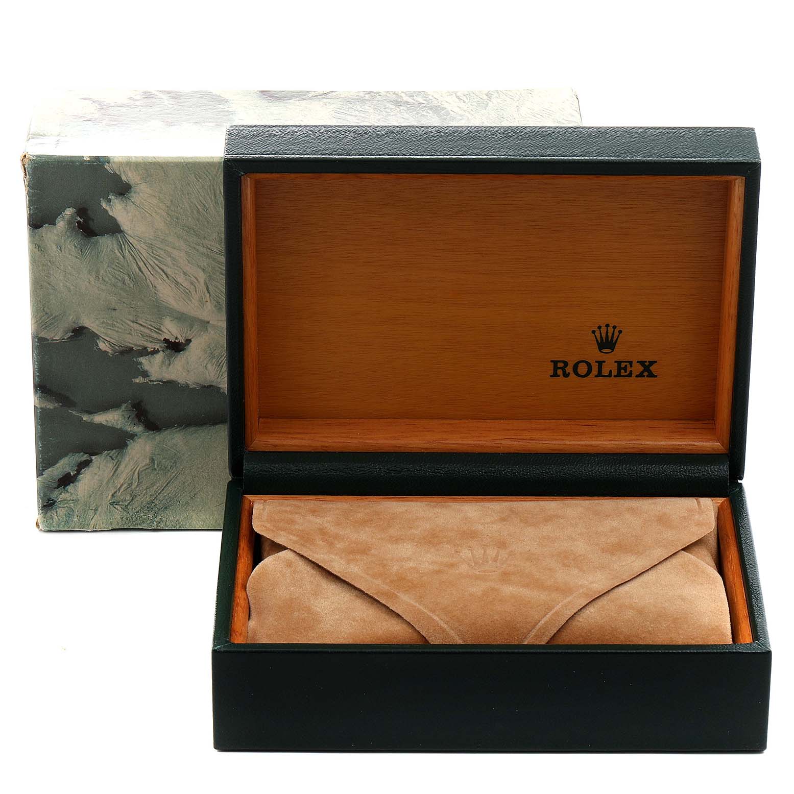 The image shows an open Rolex Datejust 16234 Men's Stainless Steel Silver Dial 16234 Men's Stainless Steel Silver Dial watch box with a suede pouch inside, viewed from the front.