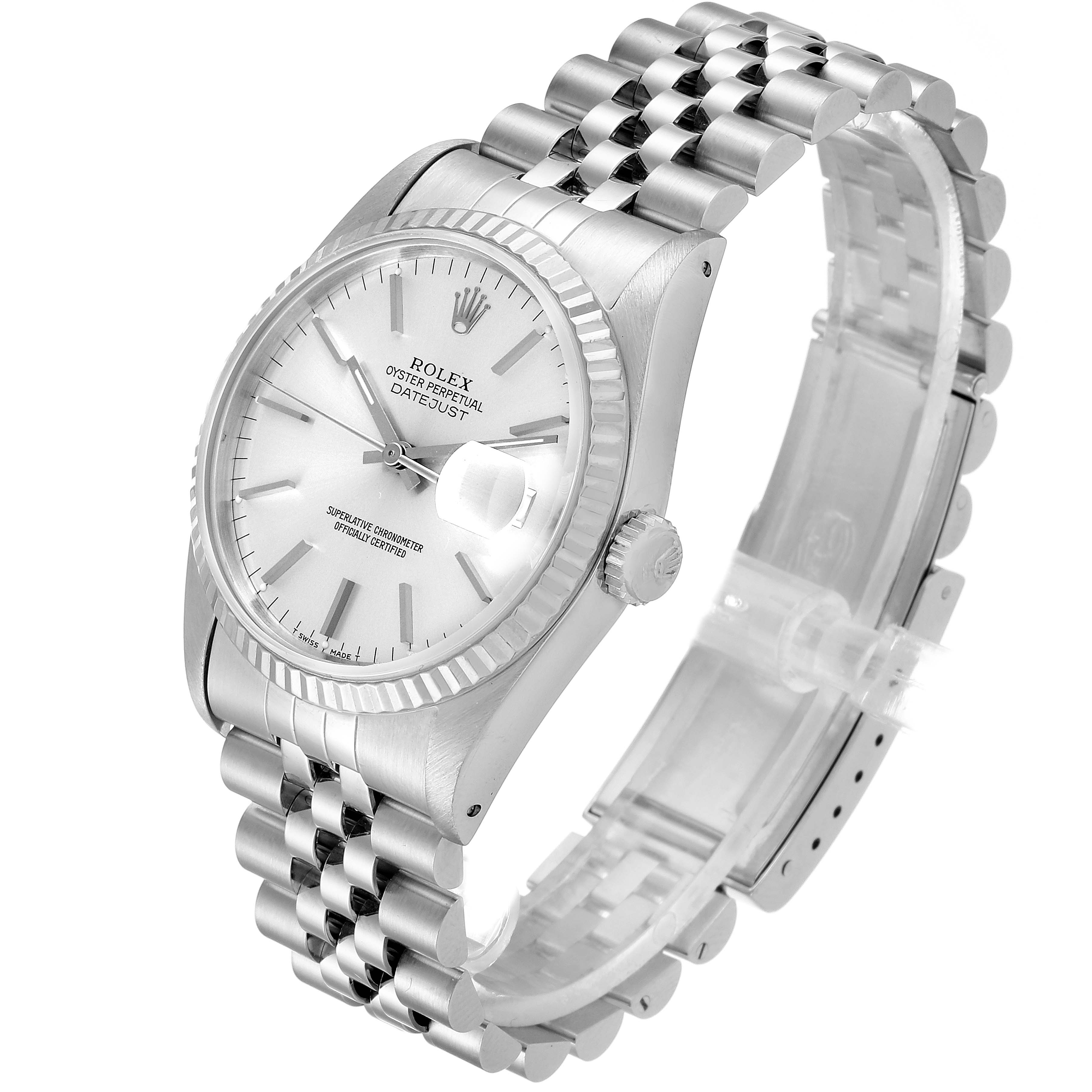 The image shows a Rolex Datejust 16234 Men's Stainless Steel Silver Dial 16234 Men's Stainless Steel Silver Dial watch from an angled side view with its face, bezel, crown, and bracelet visible.