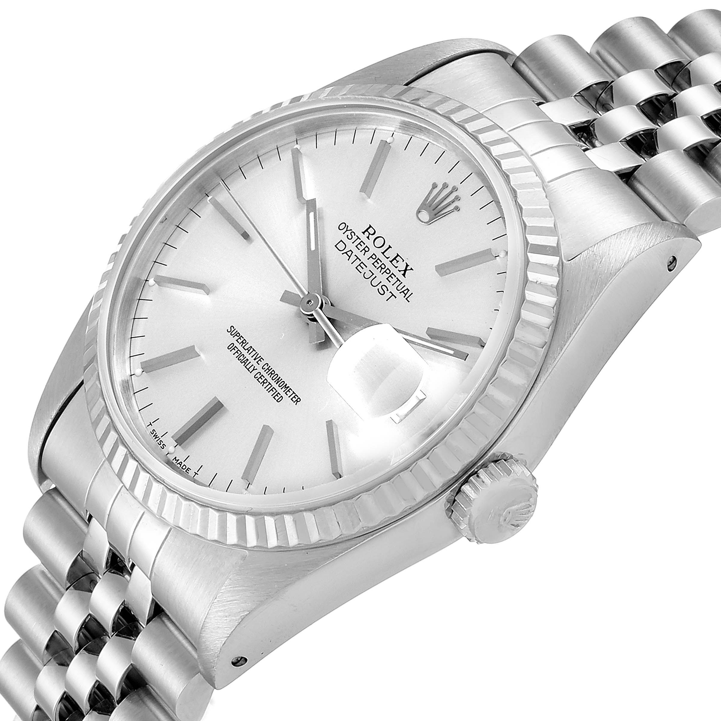 The Rolex Datejust 16234 Men's Stainless Steel Silver Dial 16234 Men's Stainless Steel Silver Dial watch is shown at a slight side angle, highlighting the dial, bezel, crown, and part of the bracelet.