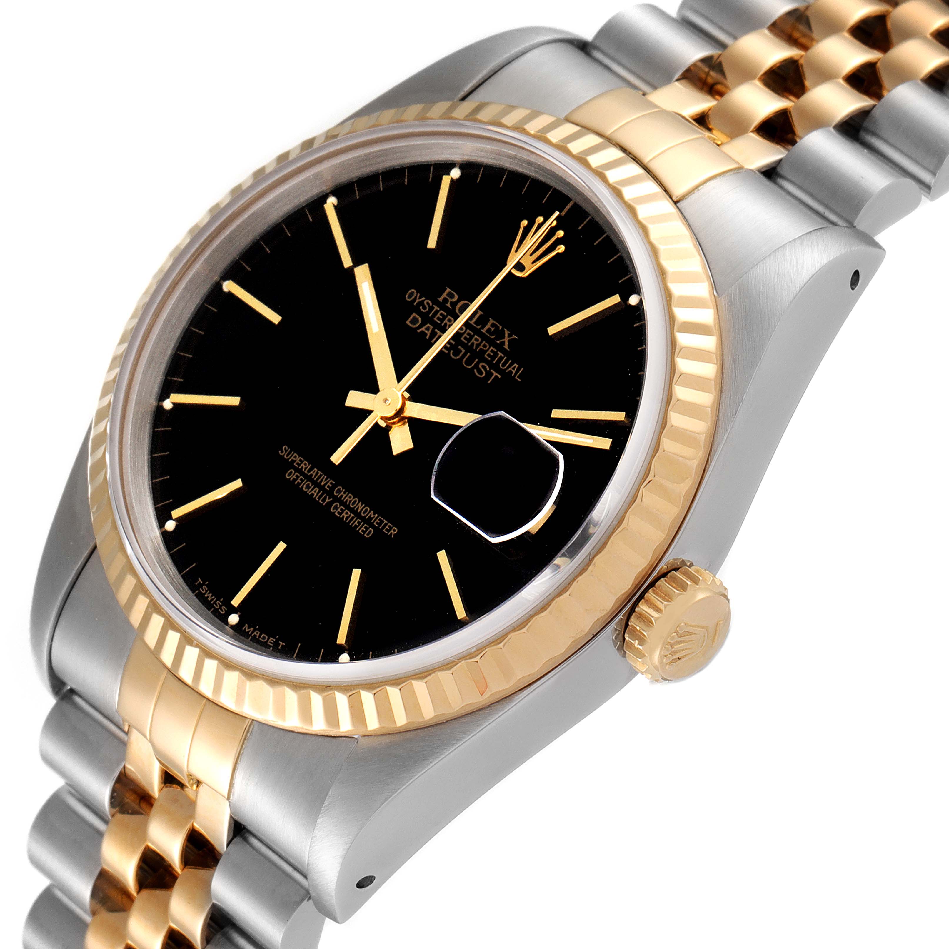 The image shows a Rolex Datejust 16233 Men's Steel and Gold (two tone) Black Dial 16233 Men's Steel and Gold (two tone) Black Dial watch at an angled view, highlighting its black dial, gold fluted bezel, and two-tone Jubilee bracelet.
