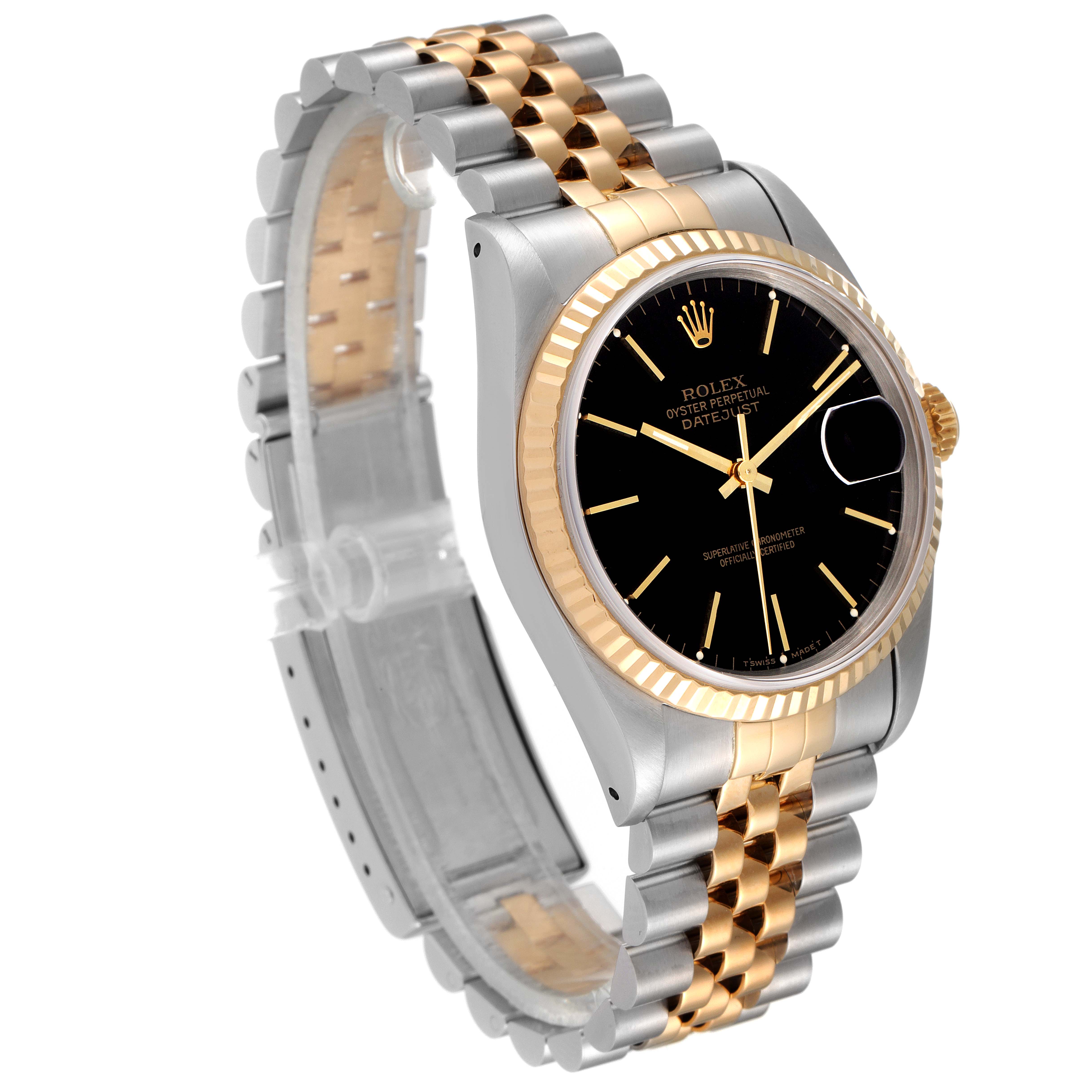 The image shows a side angle of a Rolex Datejust 16233 Men's Steel and Gold (two tone) Black Dial 16233 Men's Steel and Gold (two tone) Black Dial watch, highlighting the dial, bezel, and two-tone bracelet.