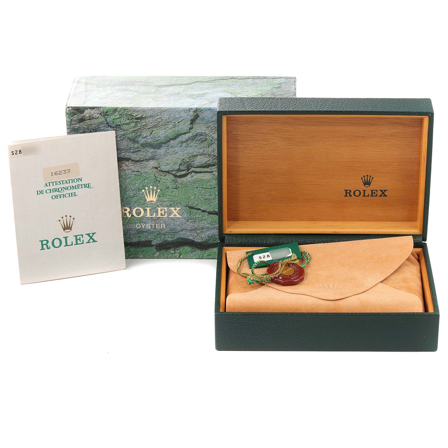 The image shows a Rolex Datejust 16233 Men's Steel and Gold (two tone) Black Dial 16233 Men's Steel and Gold (two tone) Black Dial box, booklet, and watch tags, viewed from the front.