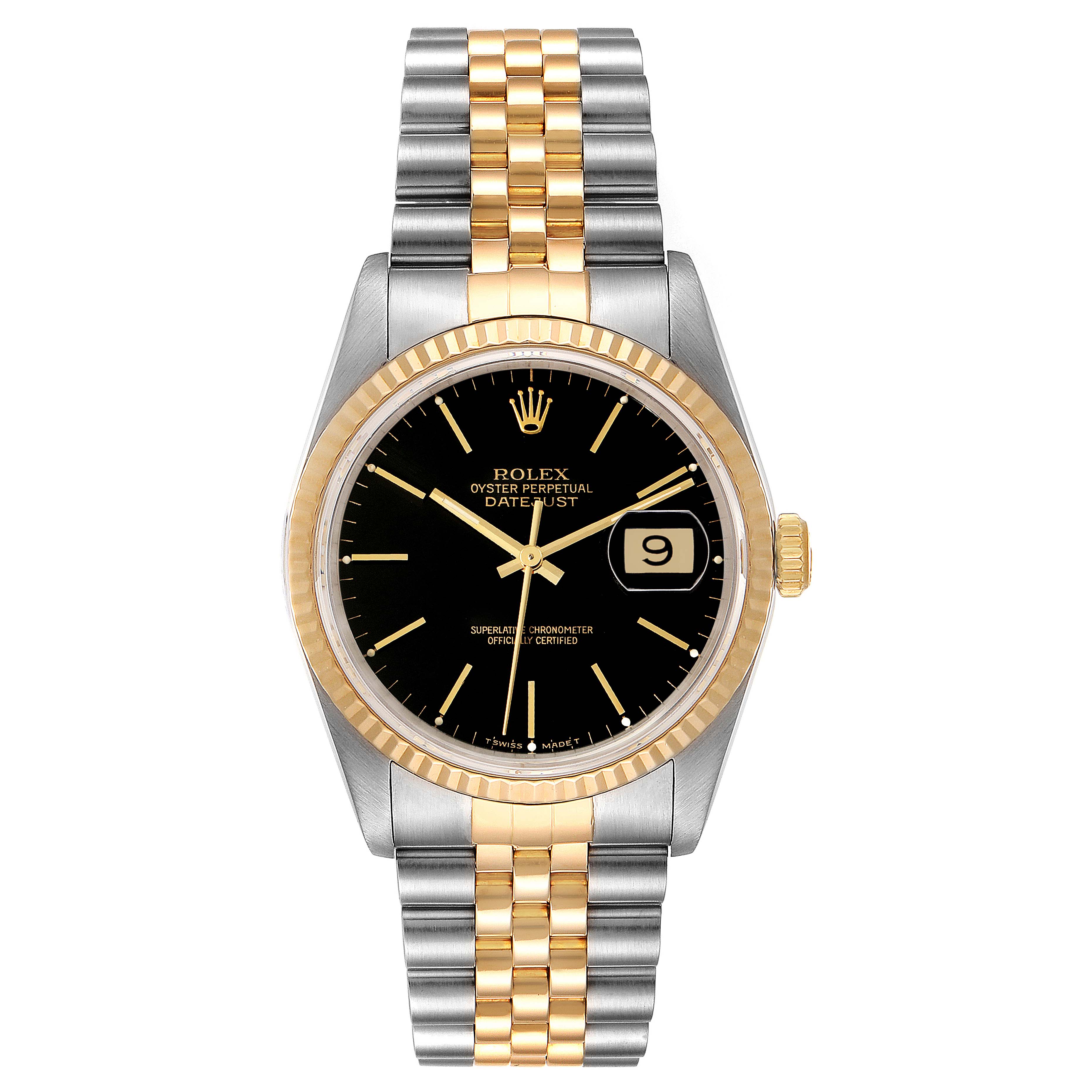 This image shows a front view of the Rolex Datejust 16233 Men's Steel and Gold (two tone) Black Dial 16233 Men's Steel and Gold (two tone) Black Dial watch, including the dial, bezel, and Jubilee bracelet.