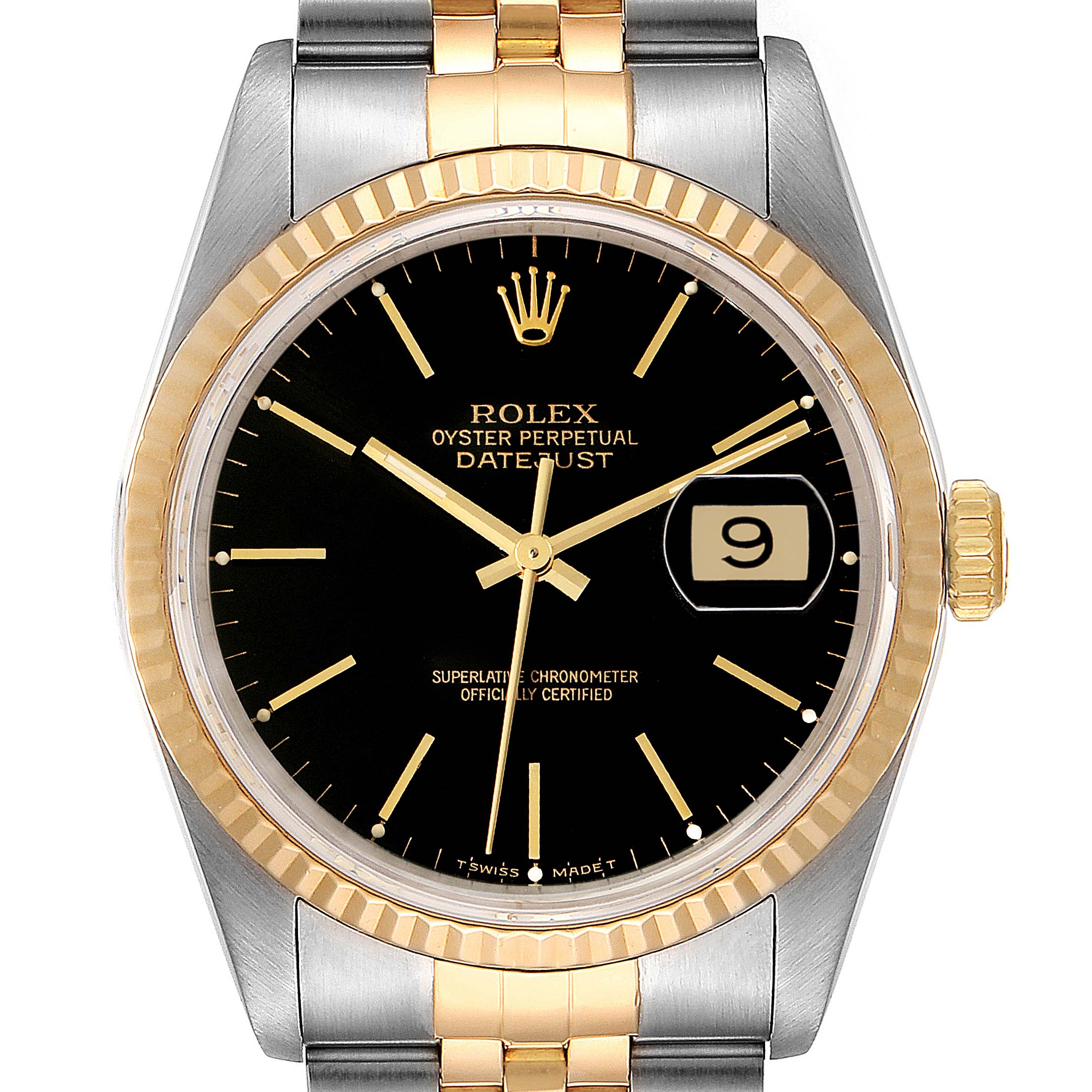 This image shows a front view of a Rolex Datejust 16233 Men's Steel and Gold (two tone) Black Dial 16233 Men's Steel and Gold (two tone) Black Dial watch, highlighting its black dial, date display, and two-tone bracelet.