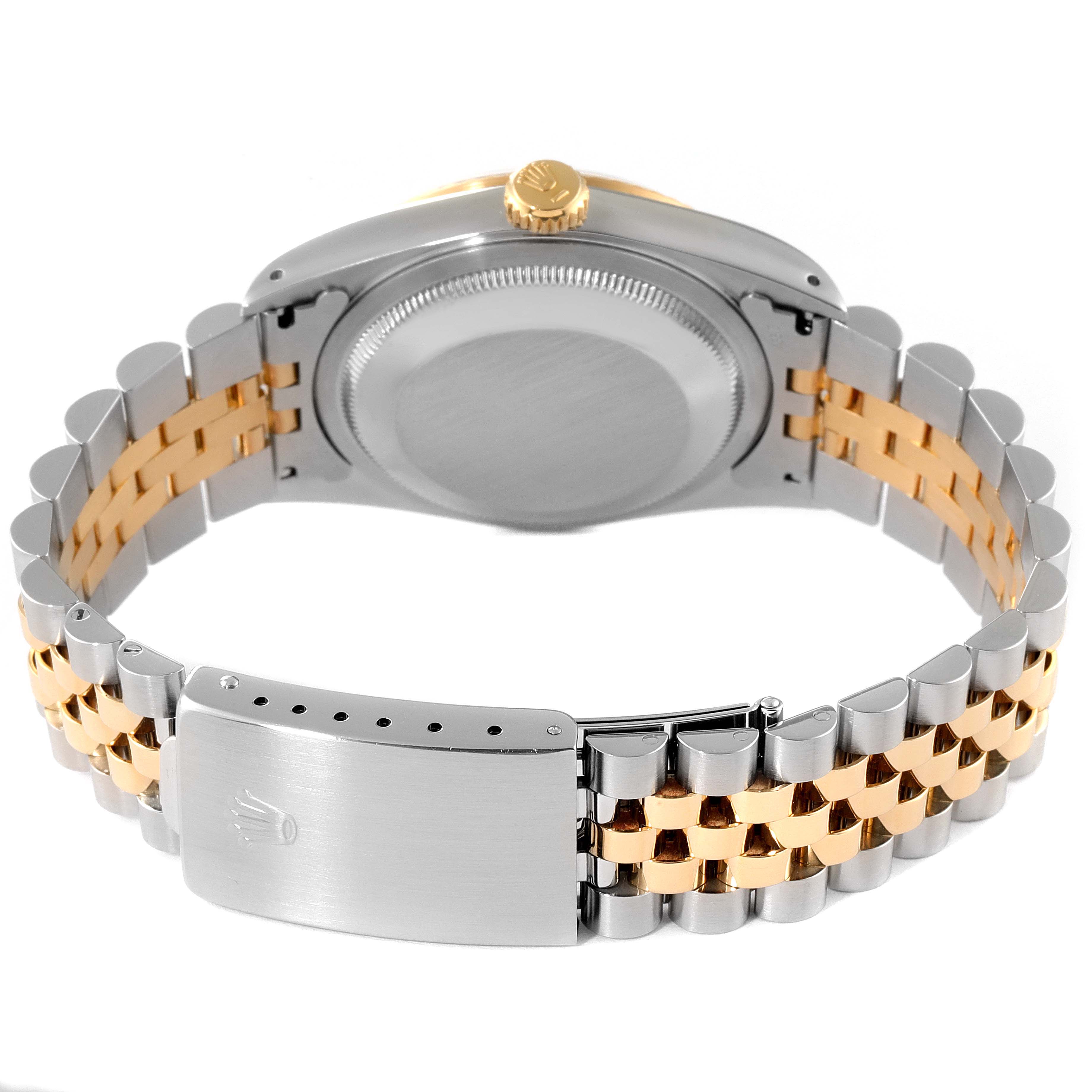 The image shows the back view of the Rolex Datejust 16233 Men's Steel and Gold (two tone) Black Dial 16233 Men's Steel and Gold (two tone) Black Dial, highlighting the case back, crown, and bicolor bracelet with the clasp.