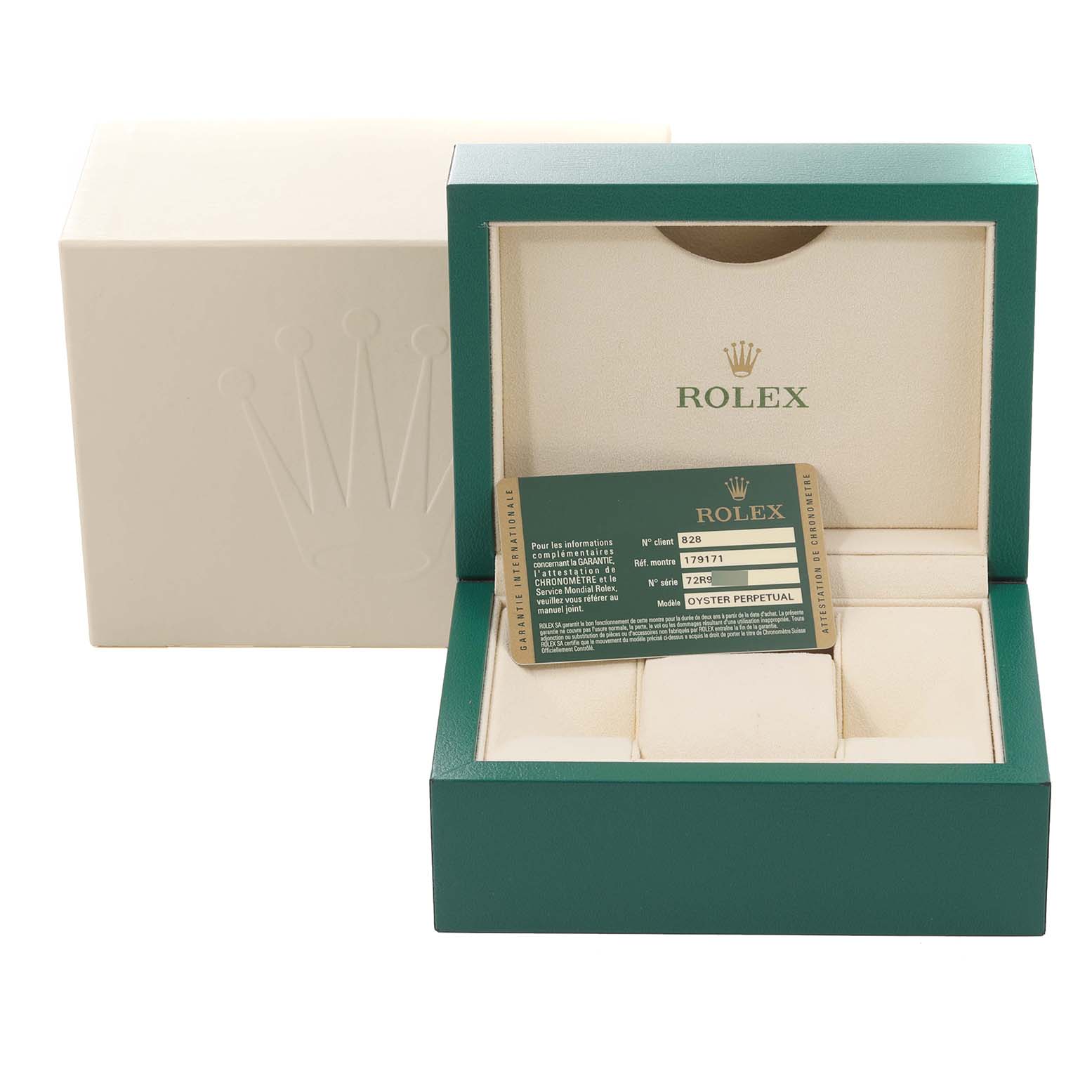 The image shows the packaging and authentication card for a Rolex Datejust 179171 Women's Steel and Gold (two tone) Pink Dial 179171 Women's Steel and Gold (two tone) Pink Dial model at an angle displaying the box interior.