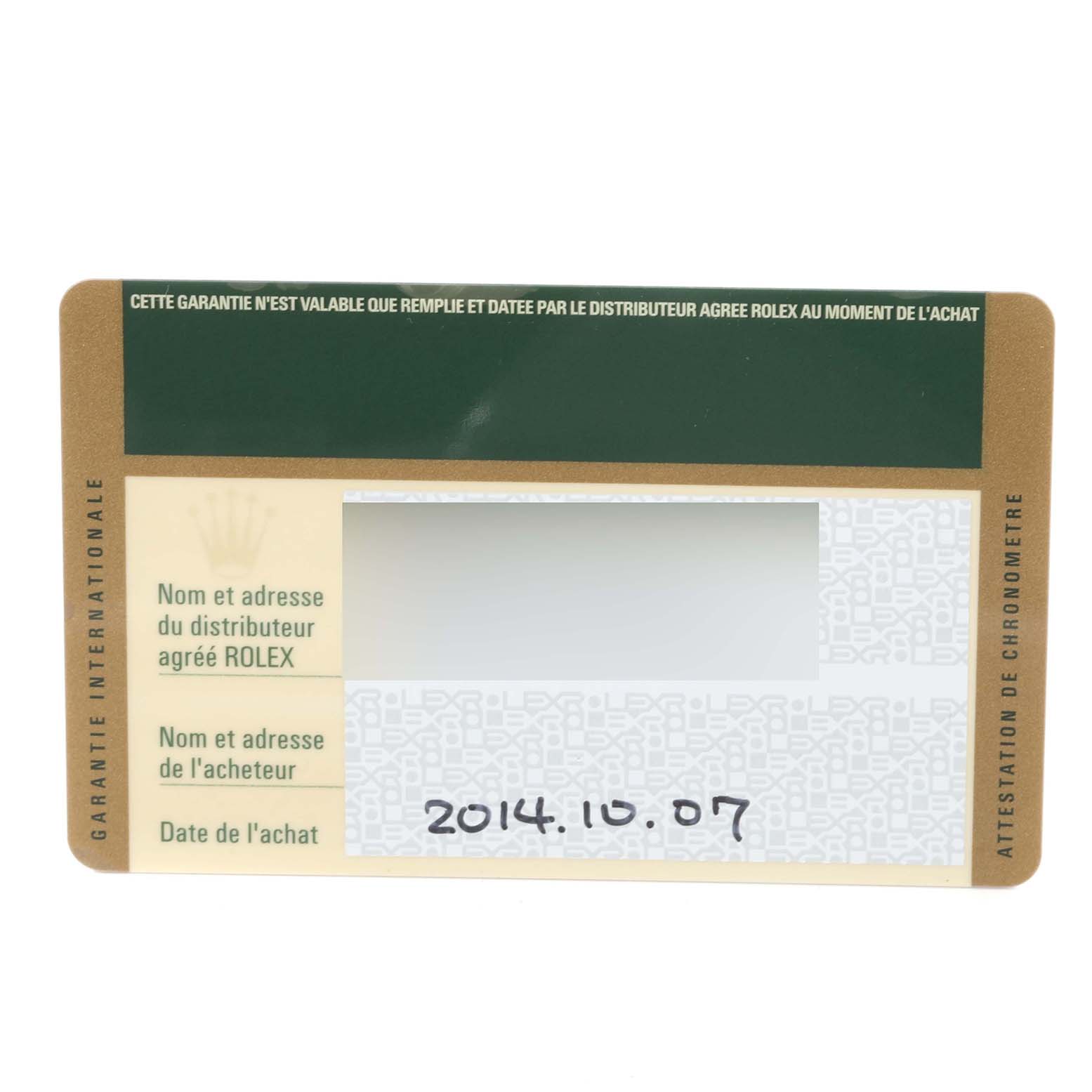 This image shows the front of the warranty card for the Rolex Datejust 179171 Women's Steel and Gold (two tone) Pink Dial 179171 Women's Steel and Gold (two tone) Pink Dial model.