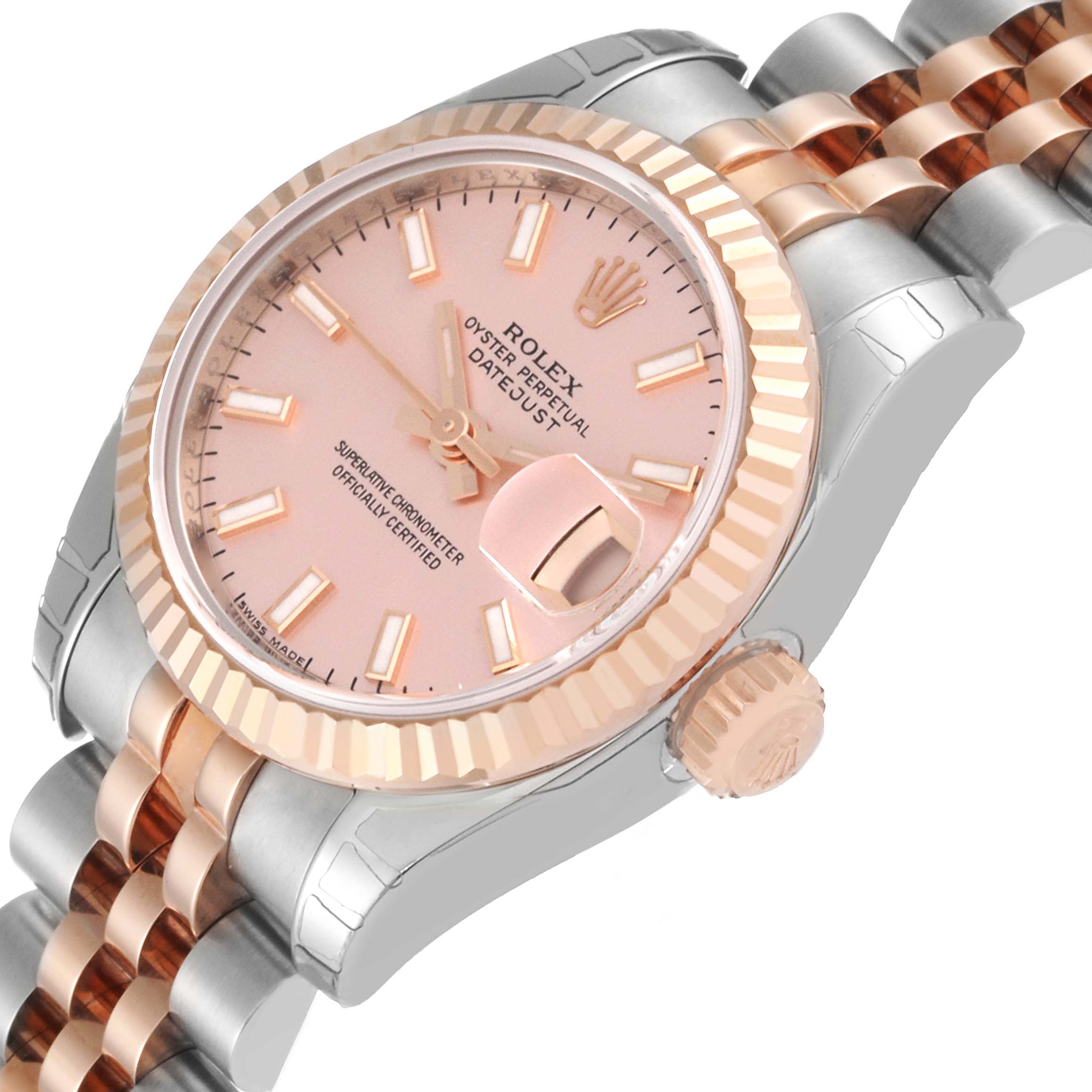 This image shows a close-up angled view of the Rolex Datejust 179171 Women's Steel and Gold (two tone) Pink Dial 179171 Women's Steel and Gold (two tone) Pink Dial watch, highlighting its face, bezel, and crown.
