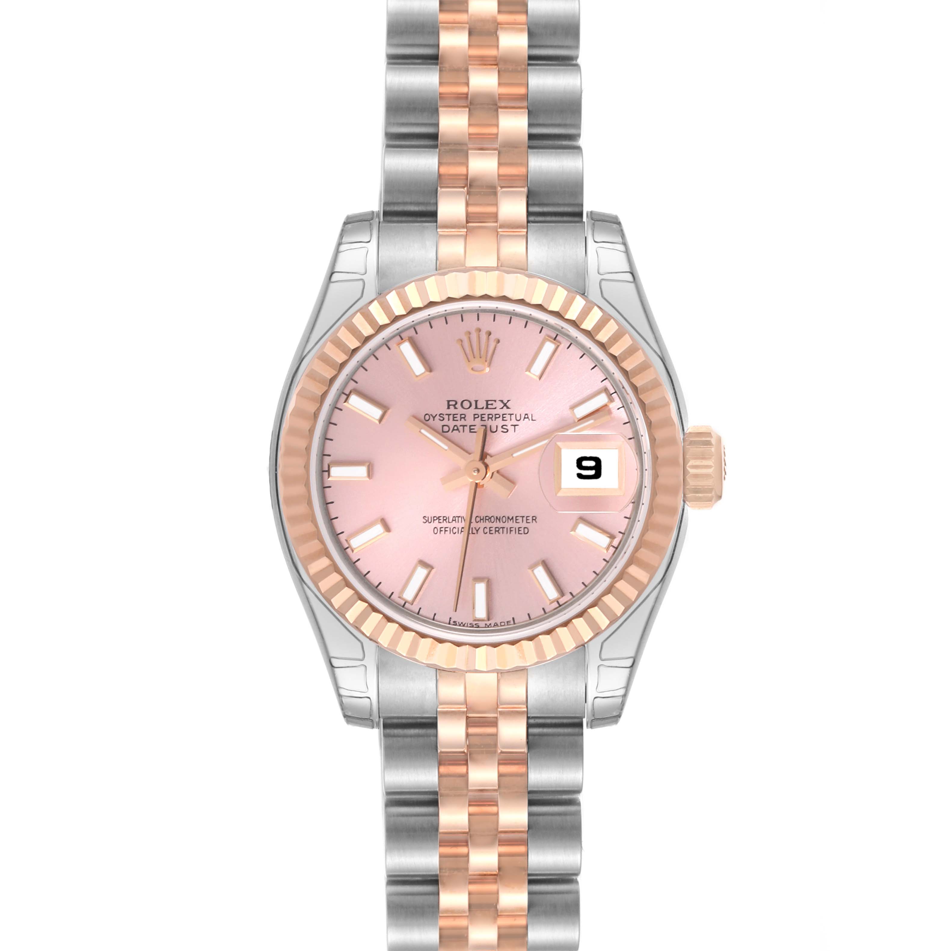 This is a front view of a Rolex Datejust 179171 Women's Steel and Gold (two tone) Pink Dial 179171 Women's Steel and Gold (two tone) Pink Dial watch, showcasing its pink dial, rose gold and steel bezel, and two-tone bracelet.